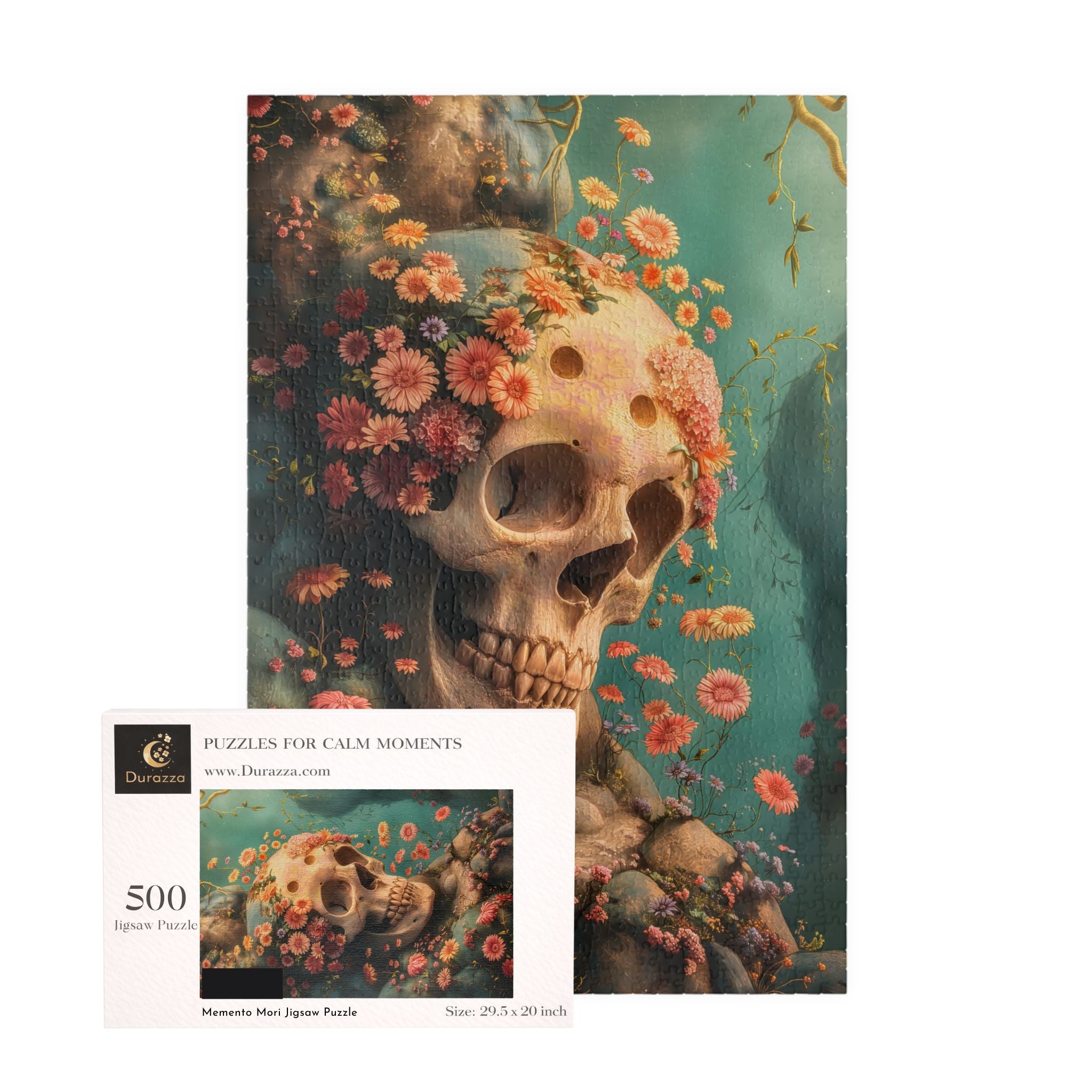 500 piece Jigsaw puzzle packaging featuring a skull with flowers and a decorative border.