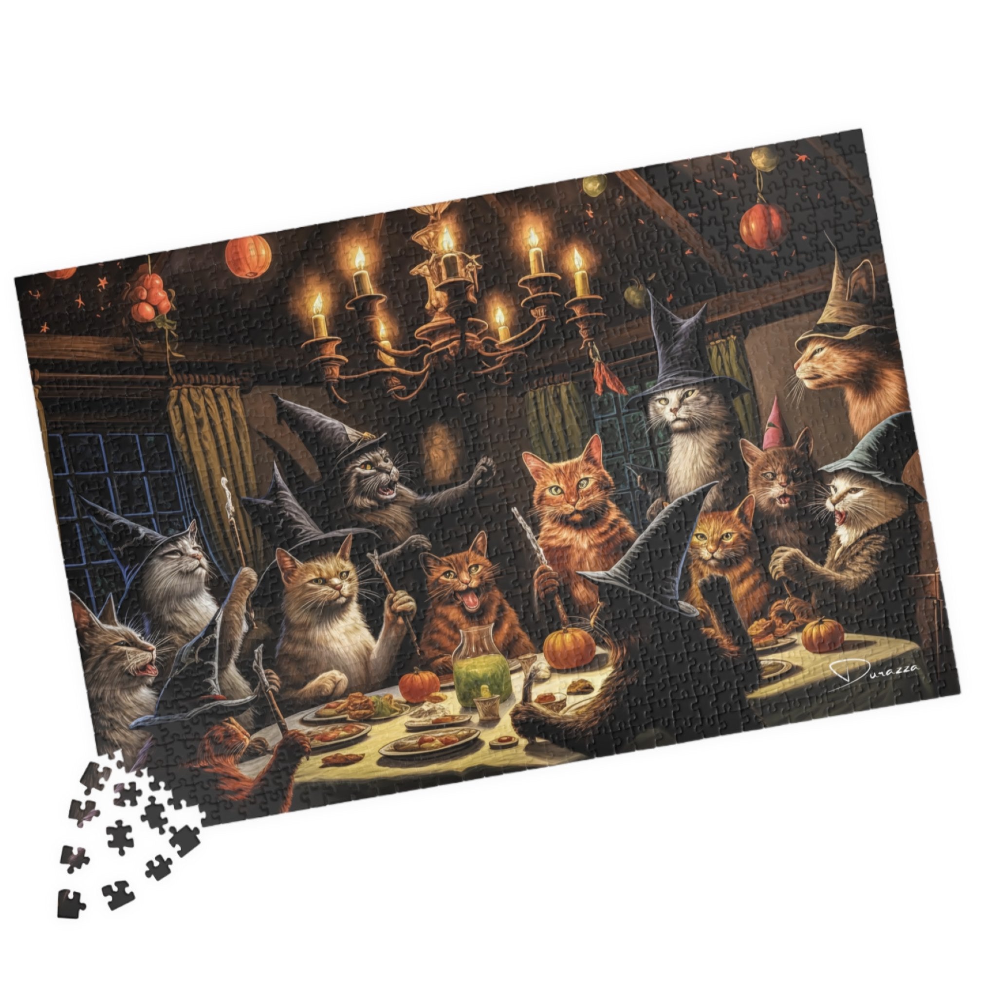 Jigsaw puzzle with cats in witch hats around a table, featuring a chandelier and pumpkins.