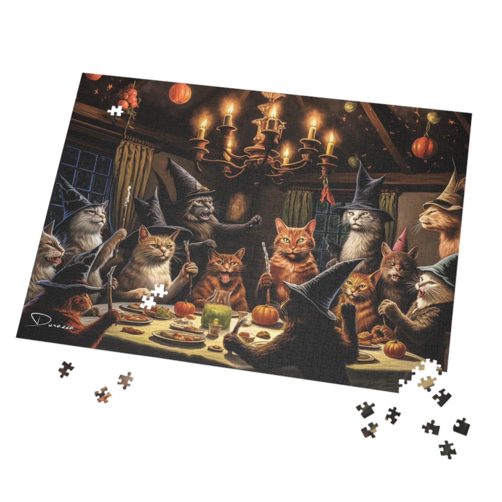 1000 piece Jigsaw puzzle with cats in wizard hats around a table, missing pieces.