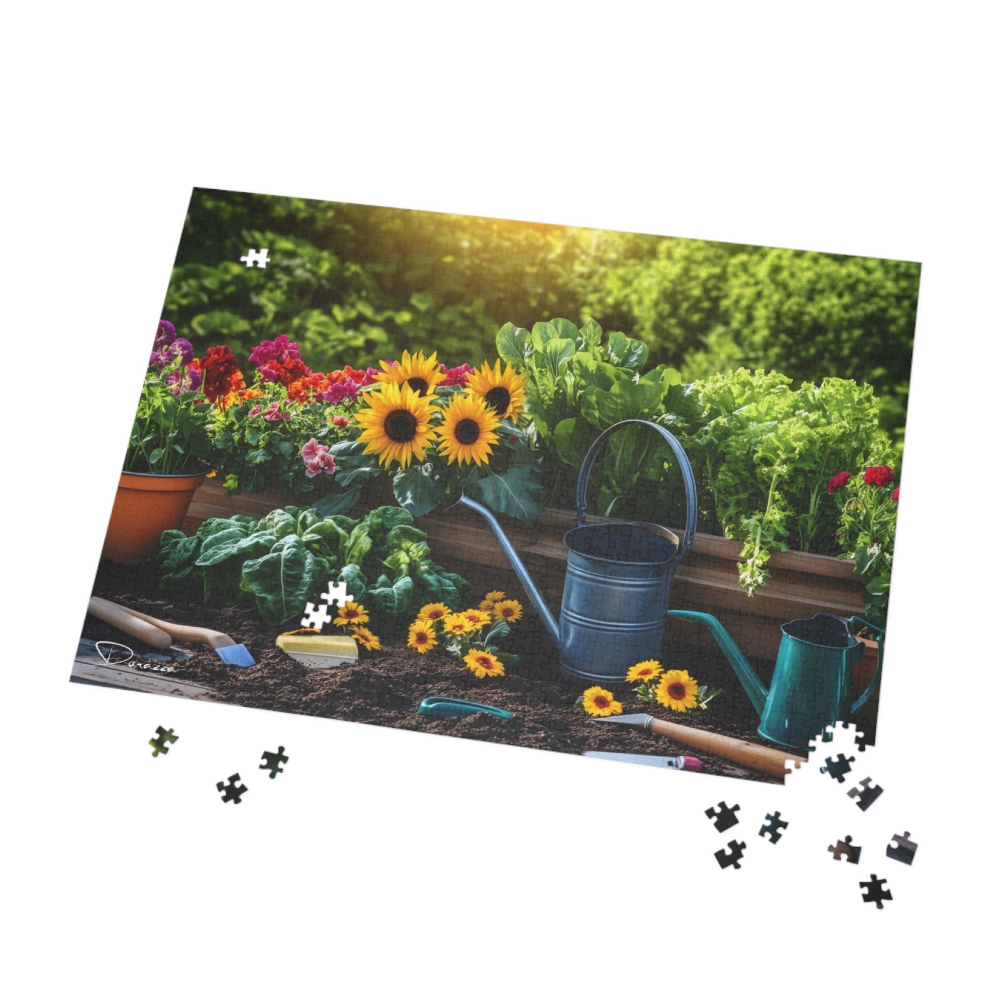 Garden-themed jigsaw puzzle with a watering can and plants.