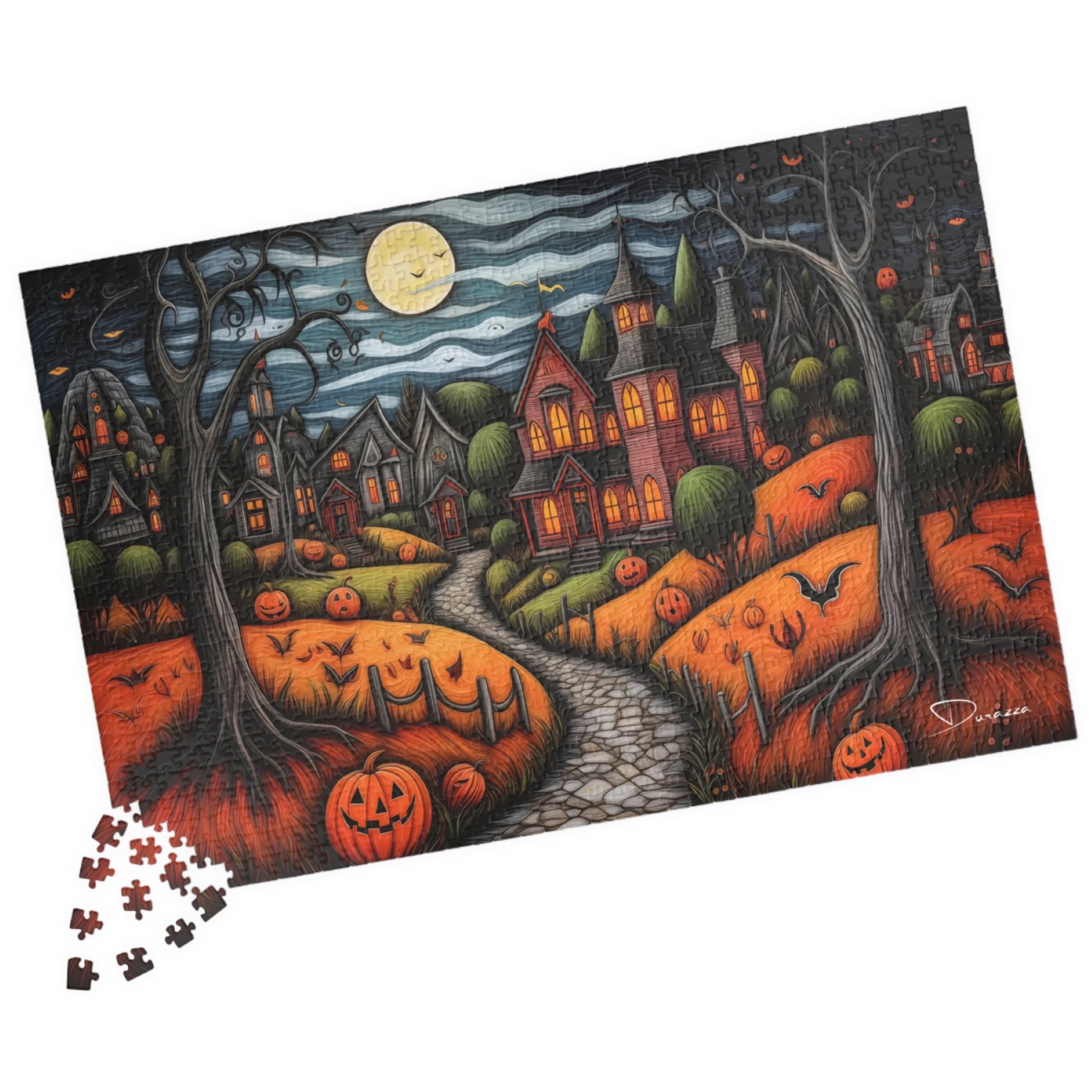 Halloween-themed 1000 piece puzzle with pumpkins, bats, and a haunted house on a white background