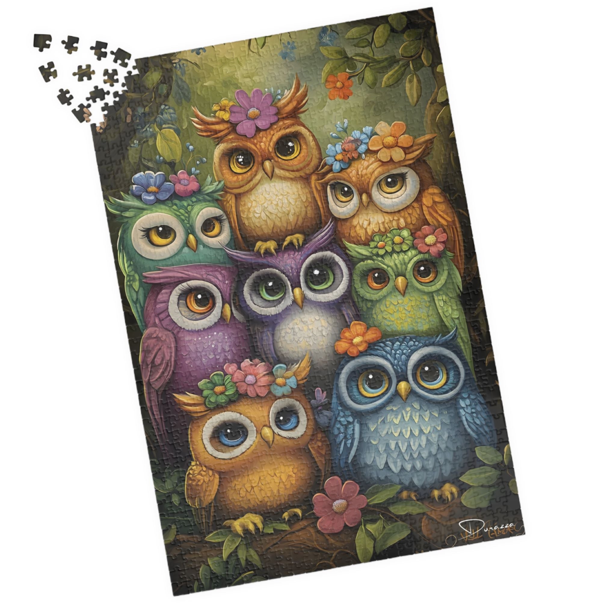 Colorful owl Jigsaw puzzle with colorful floral crowns. 