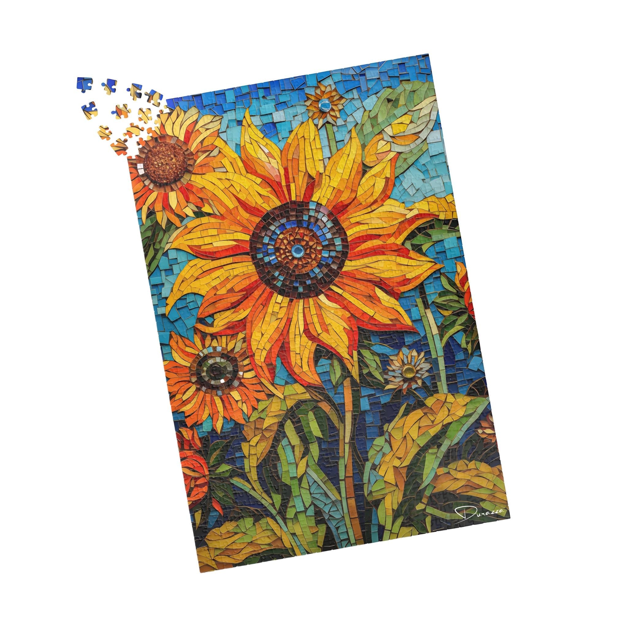 Colorful sunflower-themed puzzle with a few pieces missing on a white background
