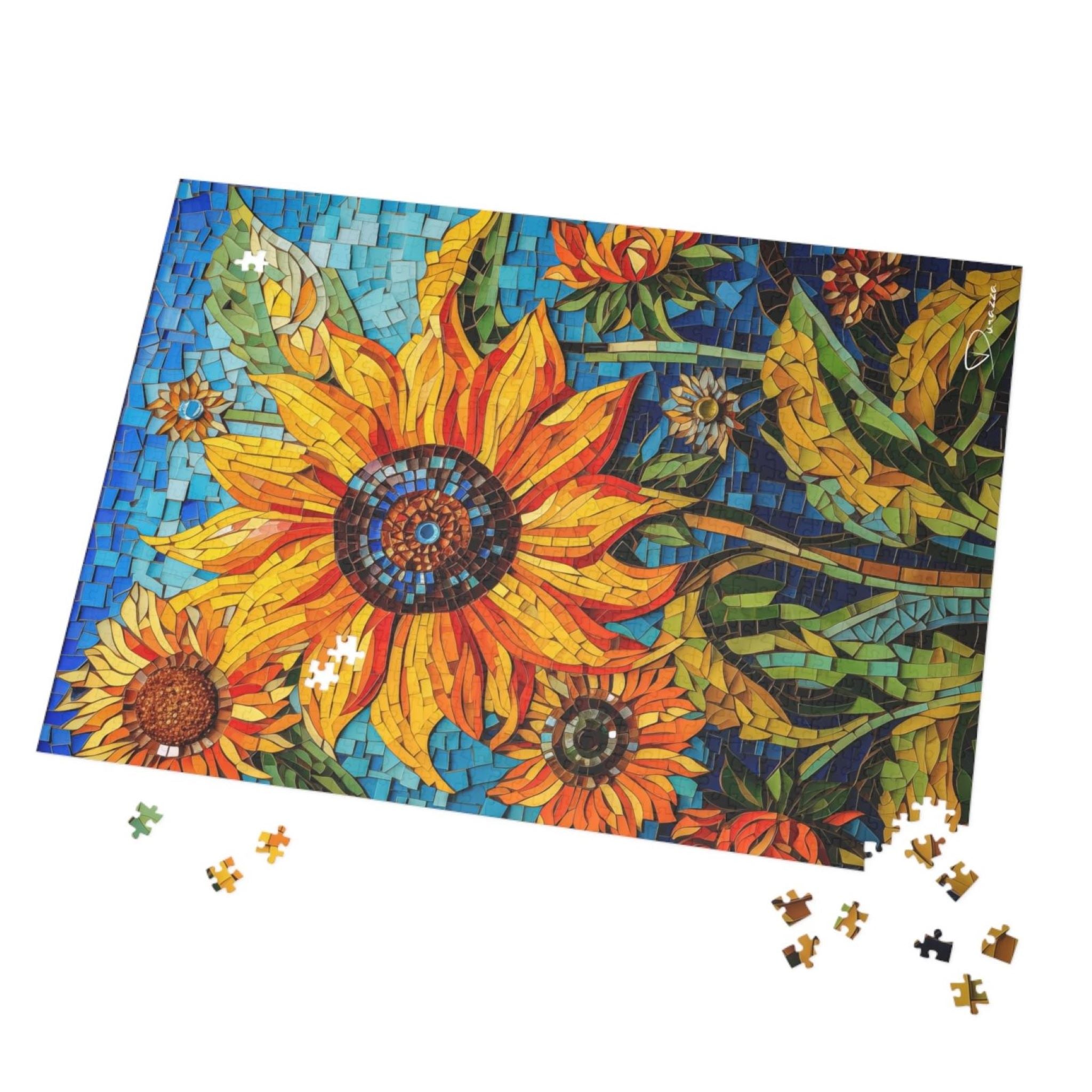 Colorful sunflower mosaic puzzle with missing pieces on a white background