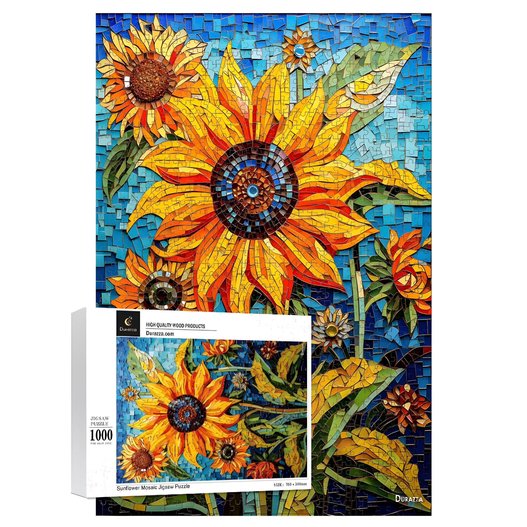 Mosaic sunflower puzzle with box packaging and design of colorful sunflowers on a blue background