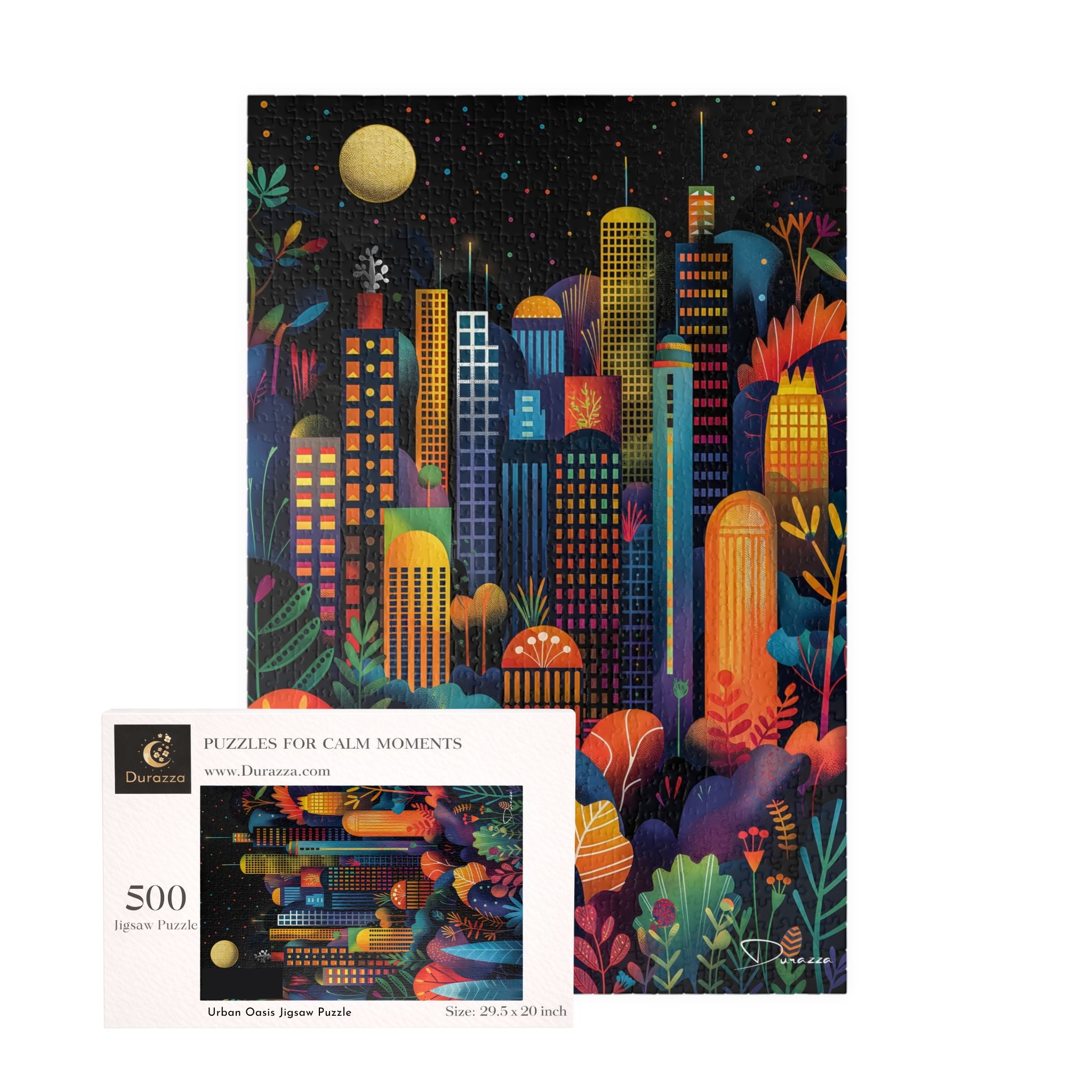Colorful city view illustration on a puzzle packaging with a smaller inset image of the puzzle.
