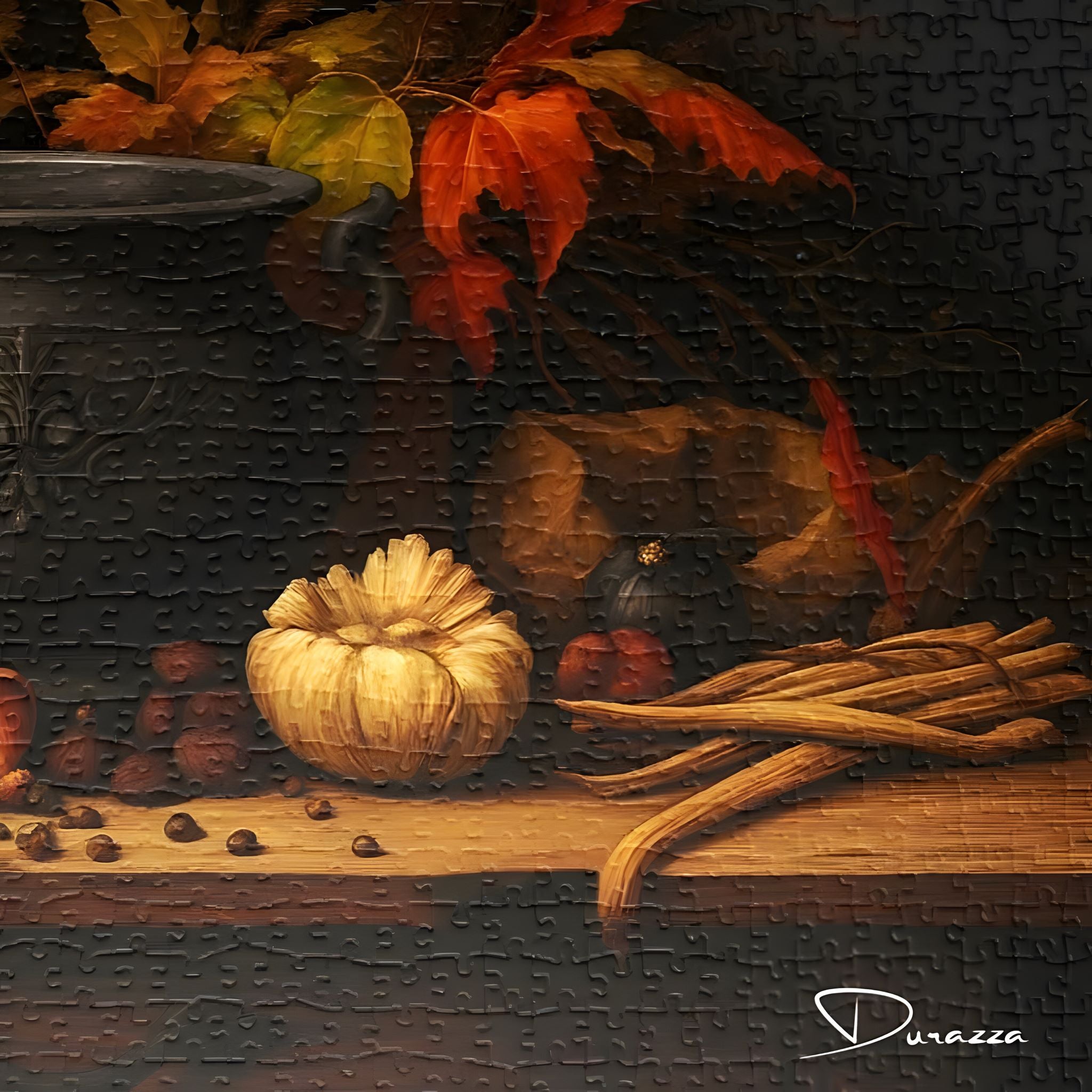 A gothic jigsaw puzzle with a pumpkin, corn, and autumn leaves.