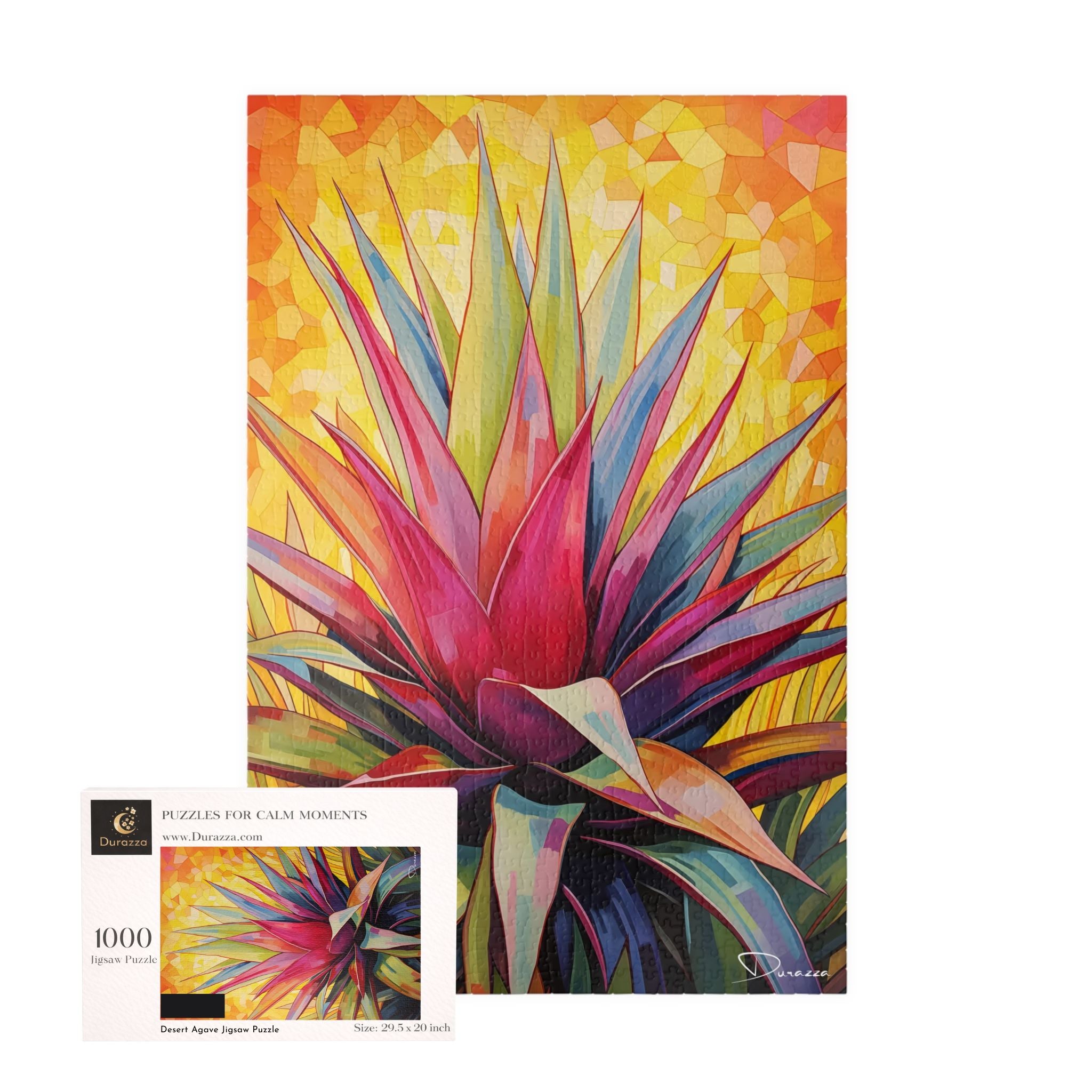 Colorful abstract plant design on a wood jigaw puzzle and Durazza packaging.