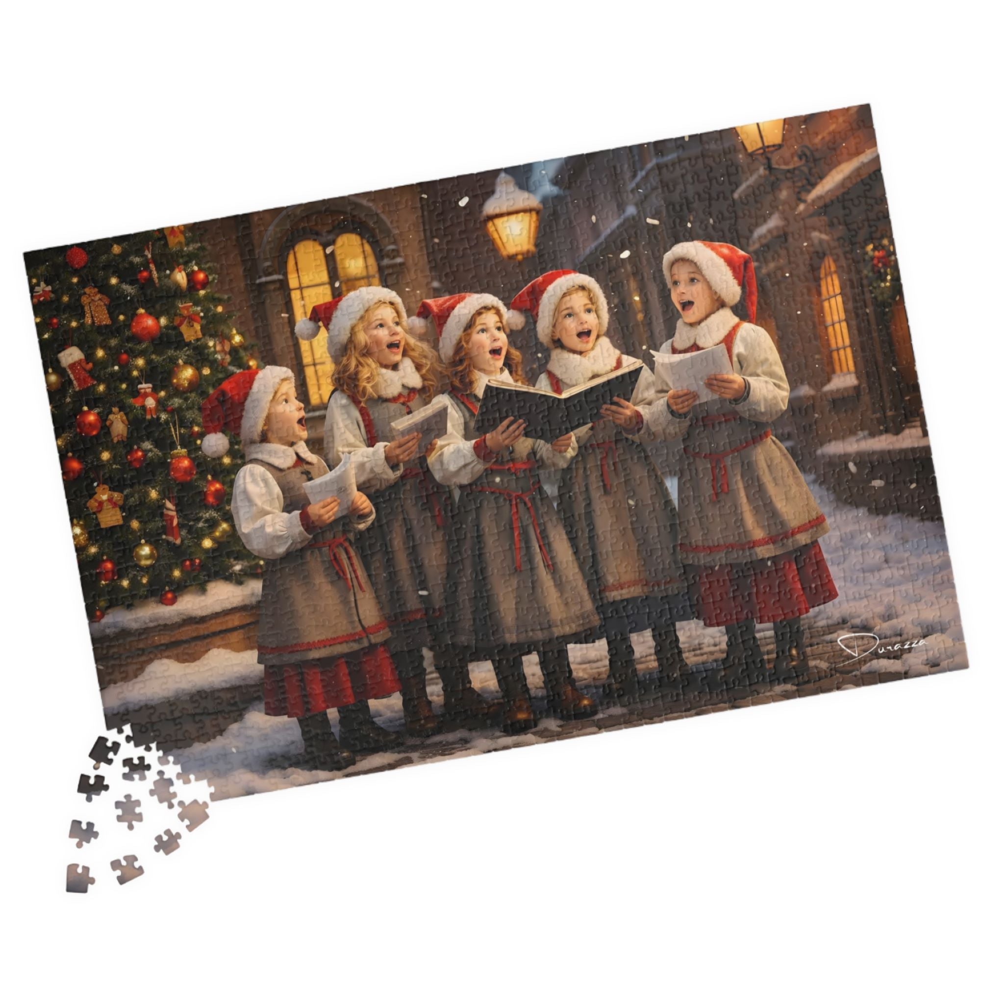 Wood jigsaw puzzle with a Christmas scene of children singing carols in front of a decorated tree.