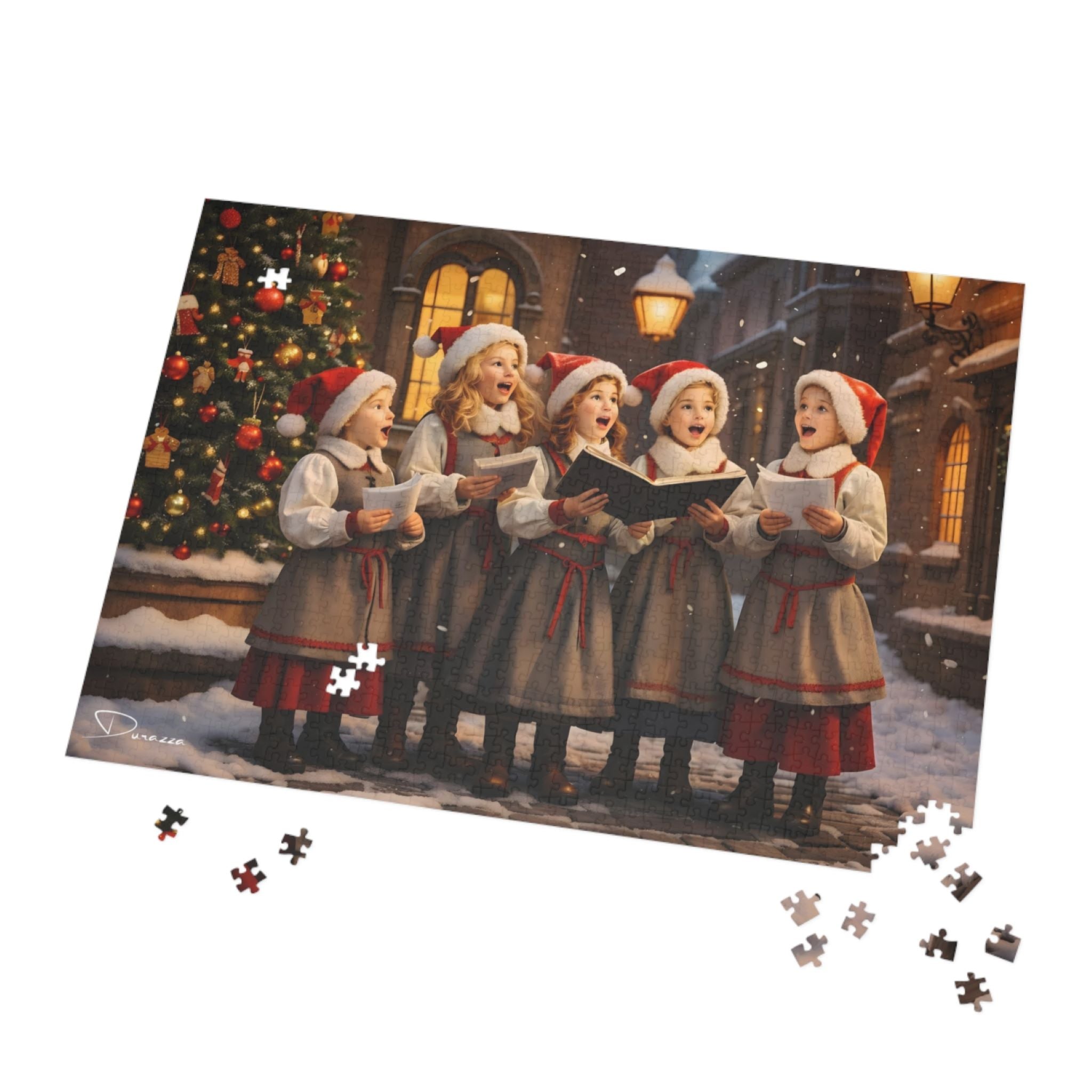 Jigsaw puzzle with a Christmas scene of four children in carolers attire.