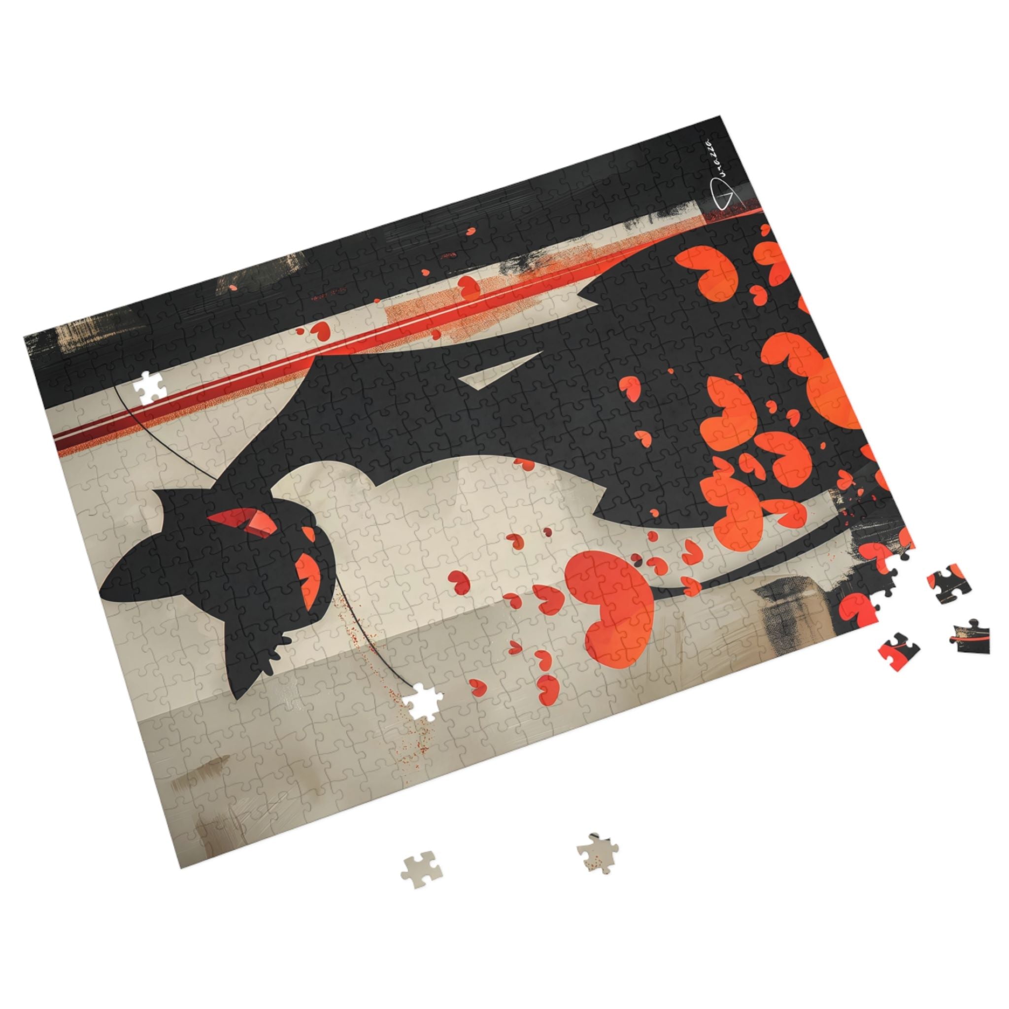 A romantic Jigsaw puzzle with a black cat design on a white background