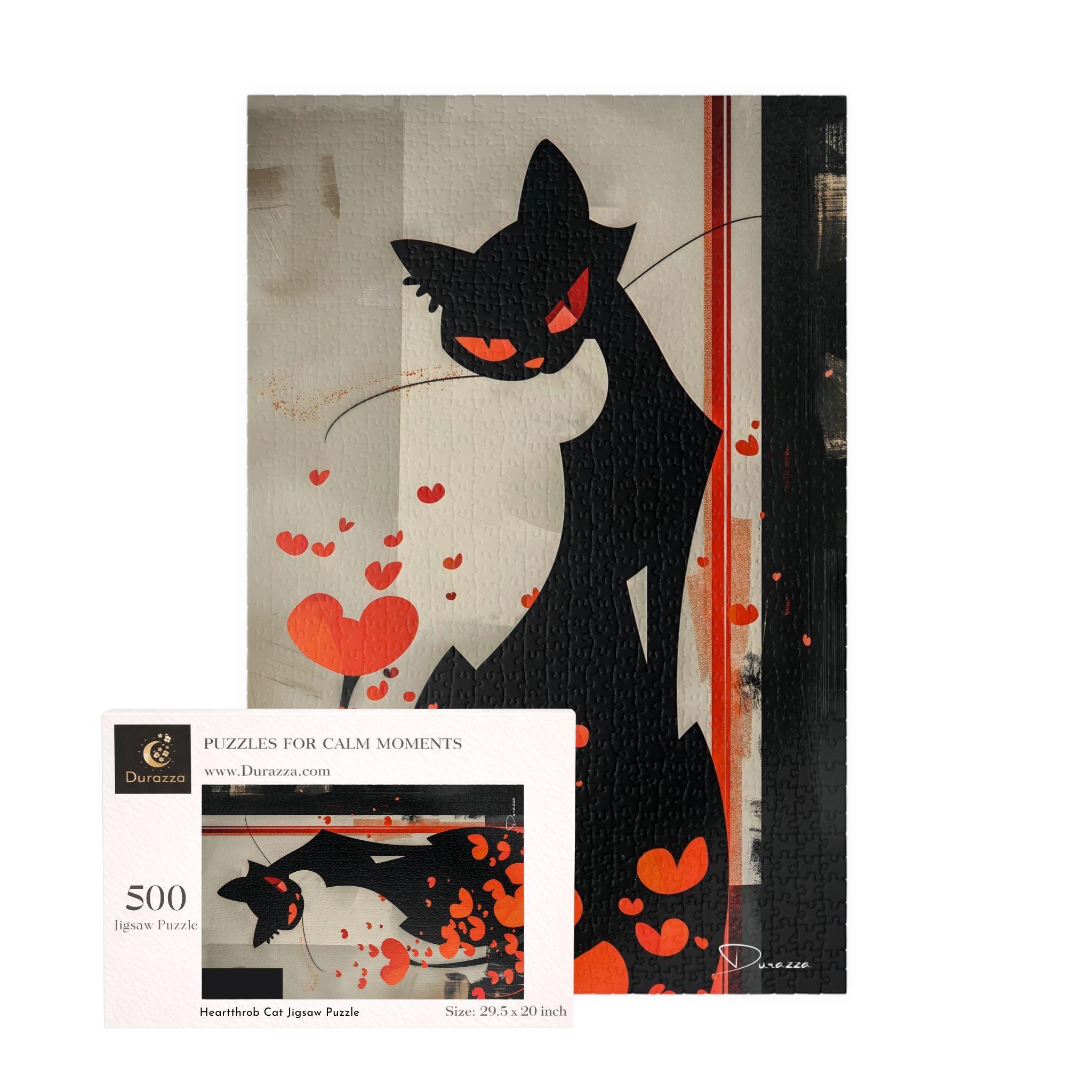 A black cat with red eyes and hearts on a puzzle, paired with a puzzle packaging.
