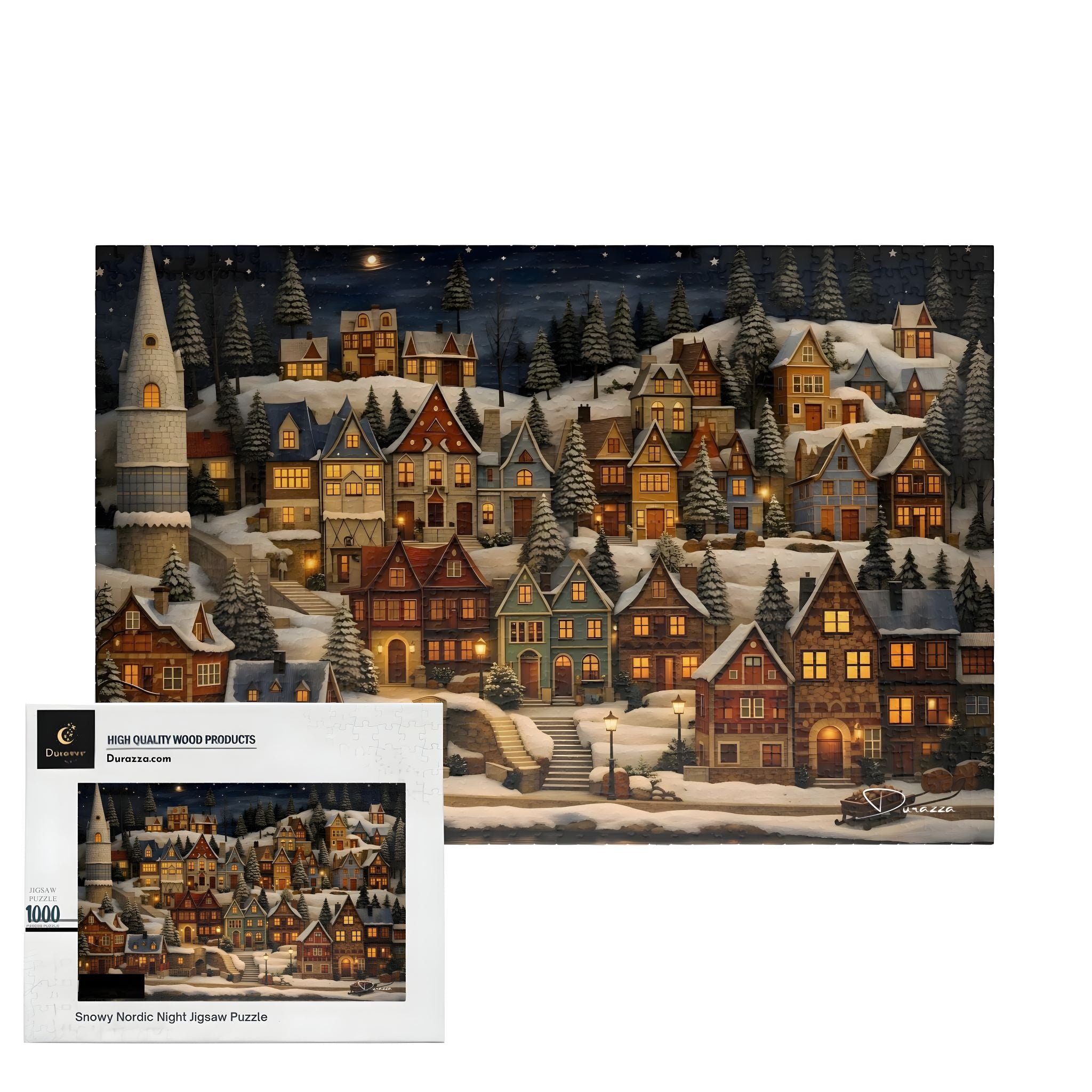 Snowy village scene puzzle with Durazza packaging on a white background