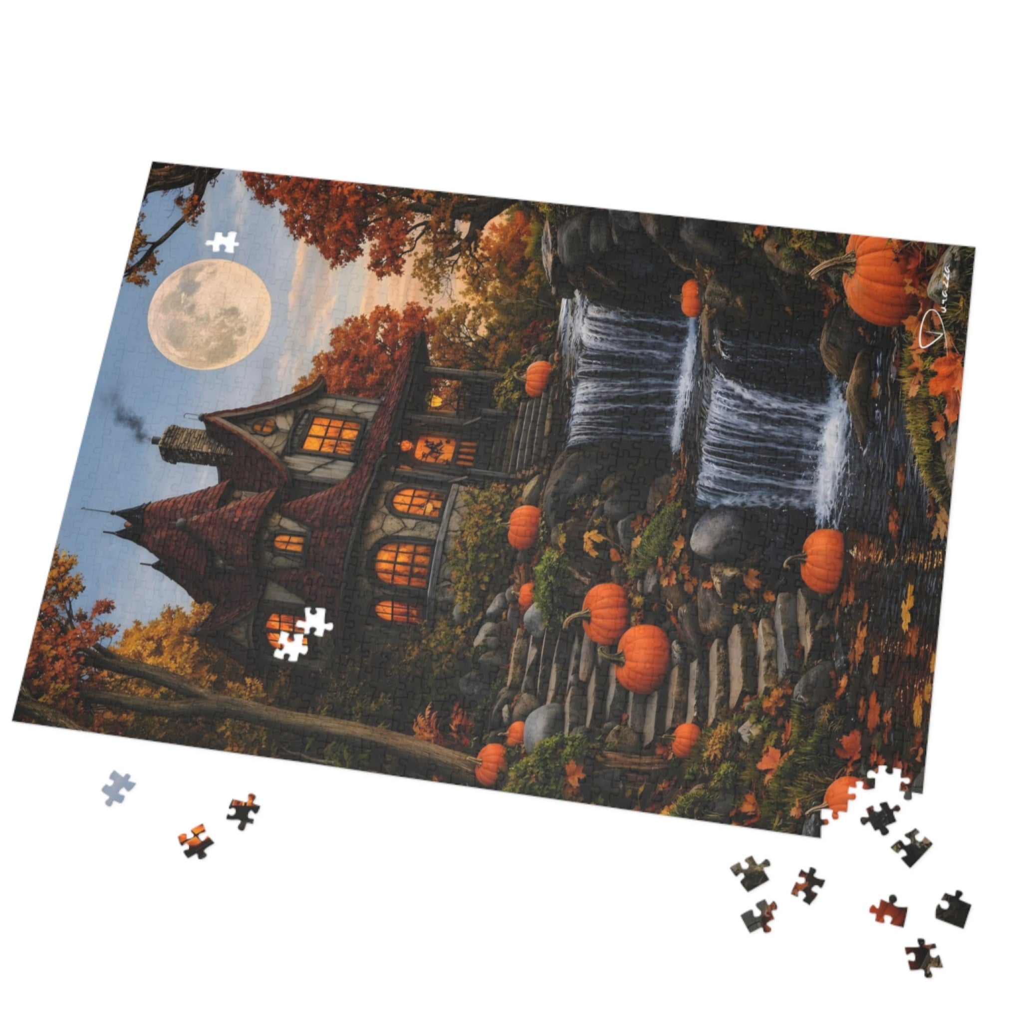 Halloween-themed puzzle with a haunted house and pumpkins on a white background
