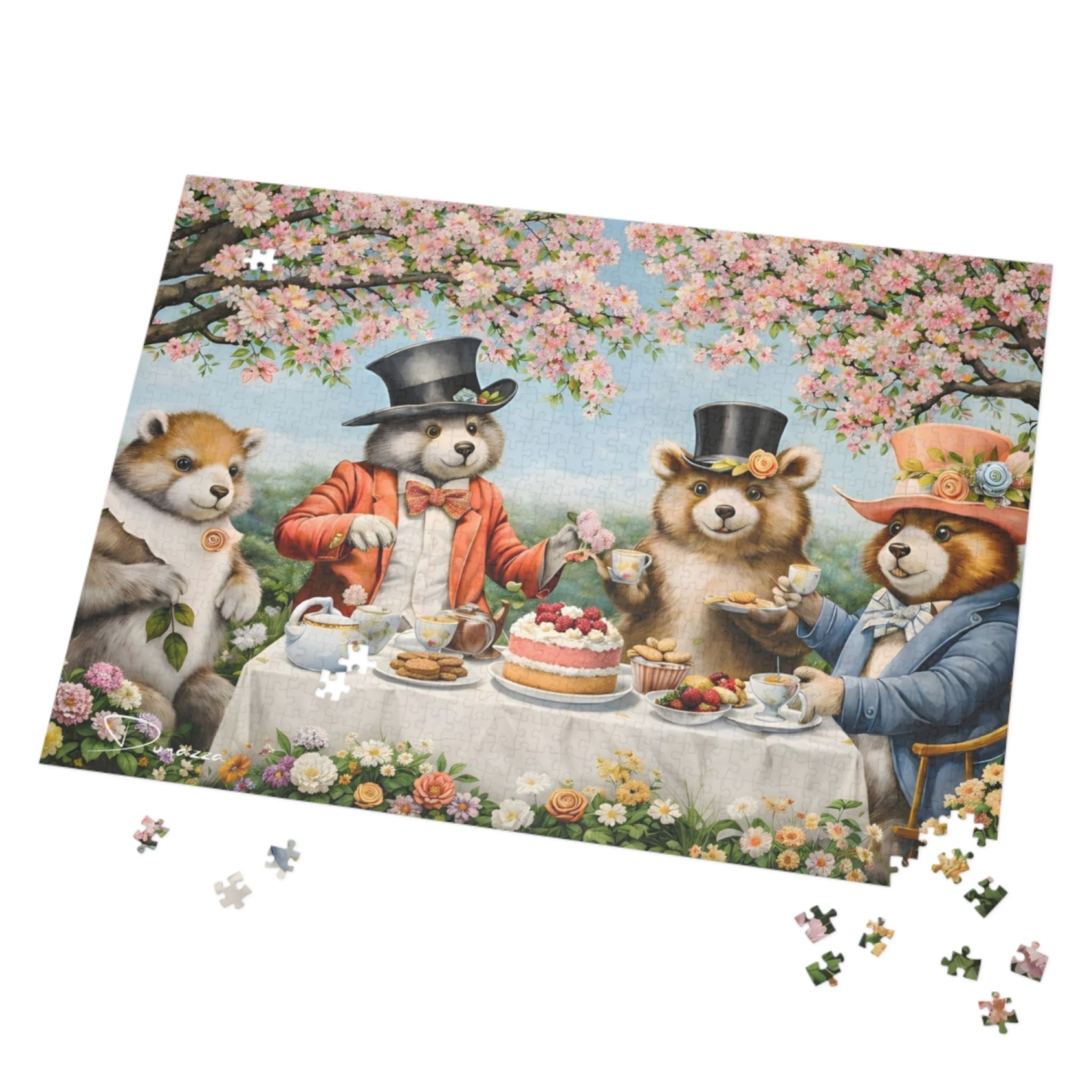 Cottagecore Jigsaw puzzle with bears at a tea party, featuring cherry blossoms and flowers.