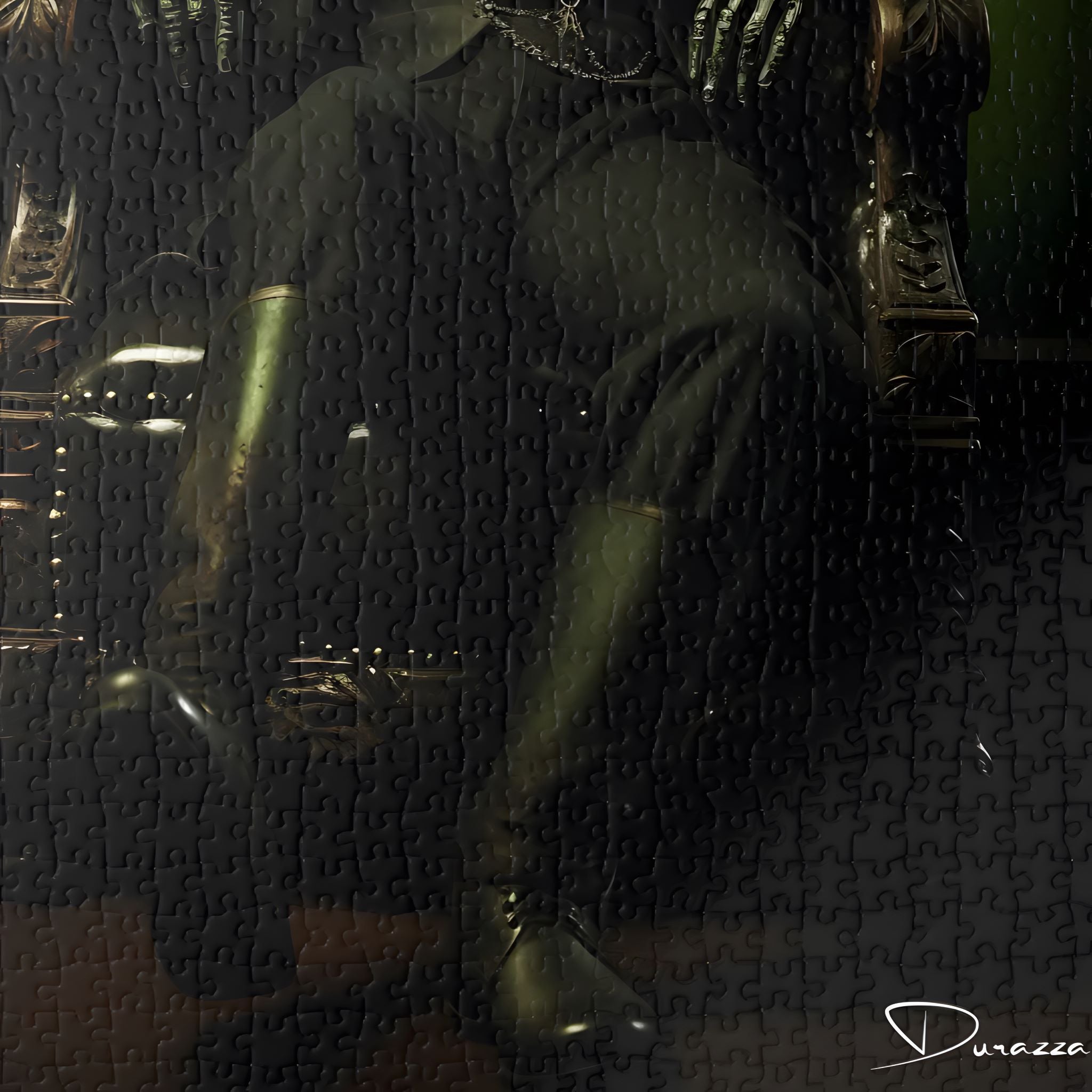 A gothic jigsaw puzzle close-up of Frankenstein wearing a dark outfit.
