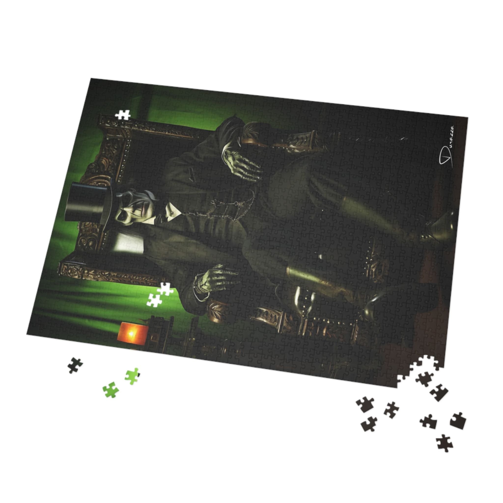 Classic horror Jigsaw puzzle with a completed section featuring a monster, surrounded by scattered pieces. 