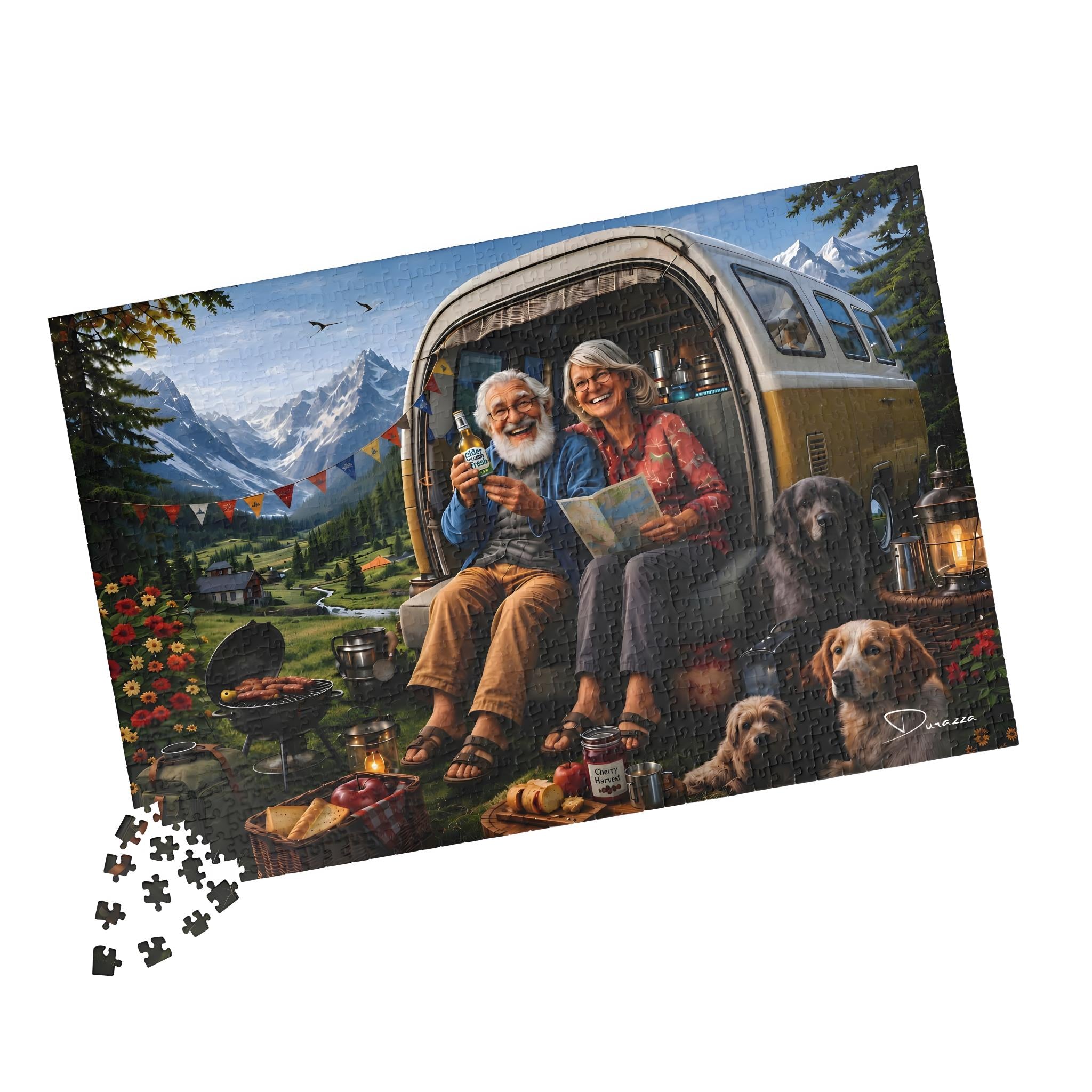 Grandparents camping jigsaw puzzle with pieces on the side.