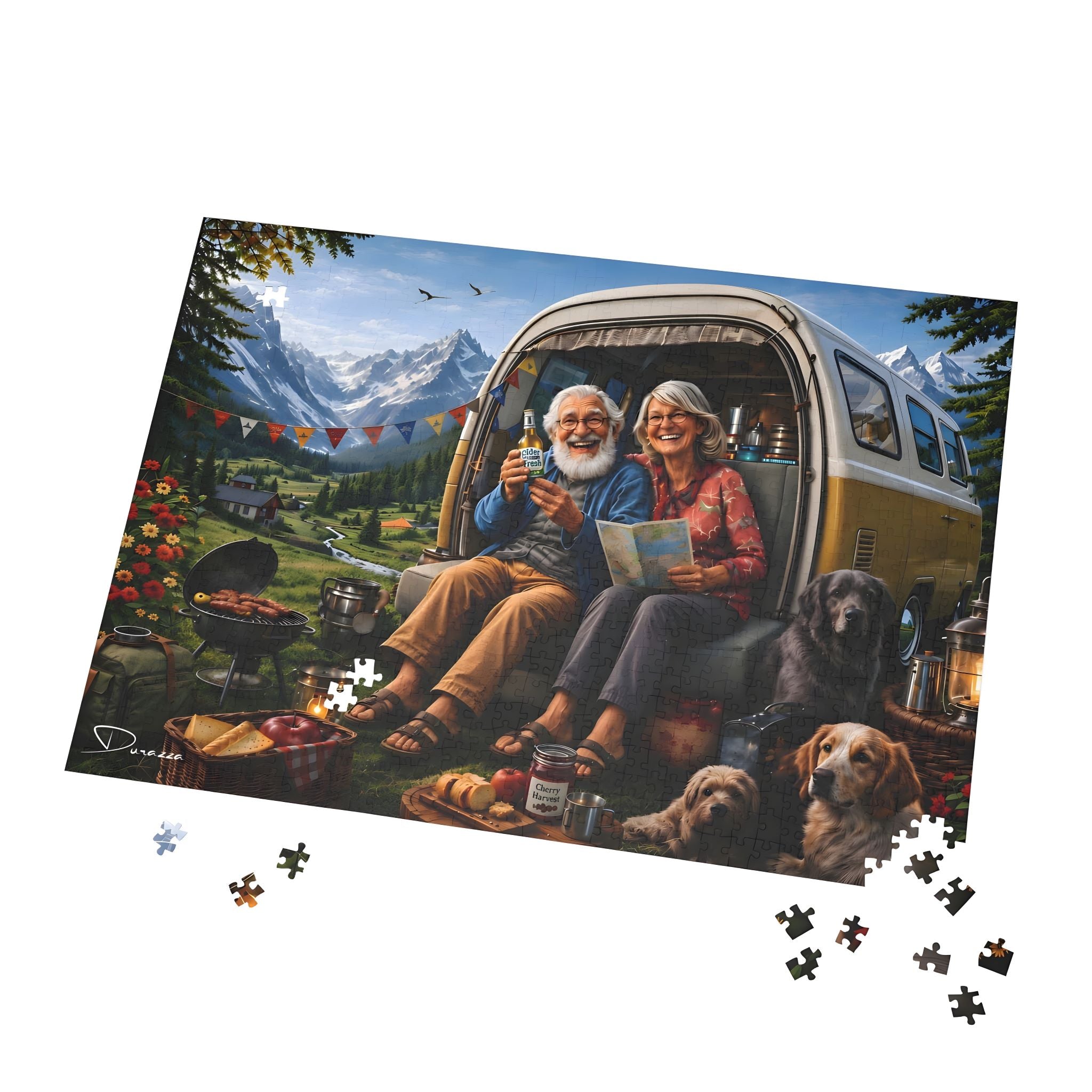 Camping couple jigsaw puzzle with scattered wooden pieces.