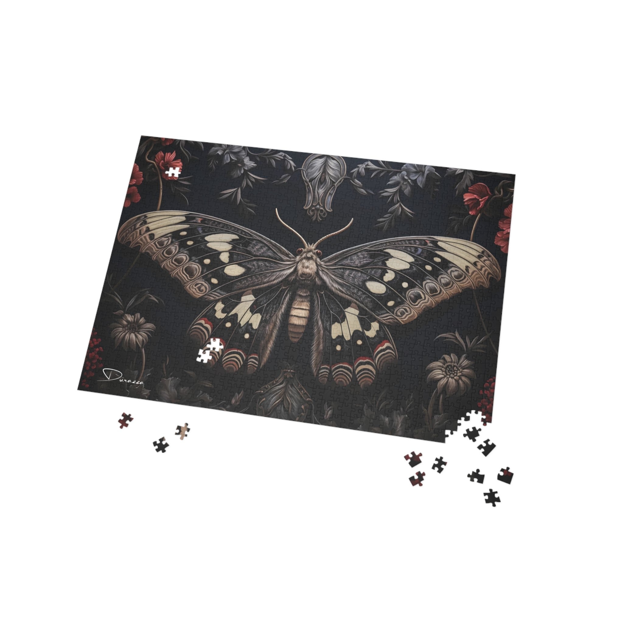 Jigsaw puzzle with a butterfly design on a black background