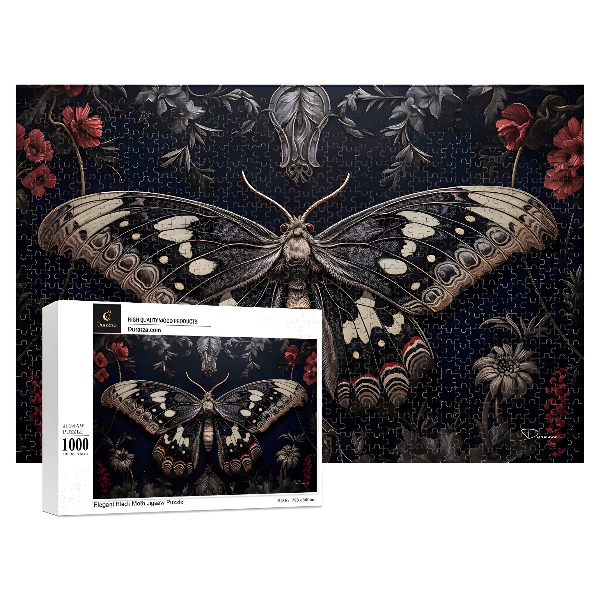 a moth jigsaw puzzle and its box packaging with a gothic design on a dark background
