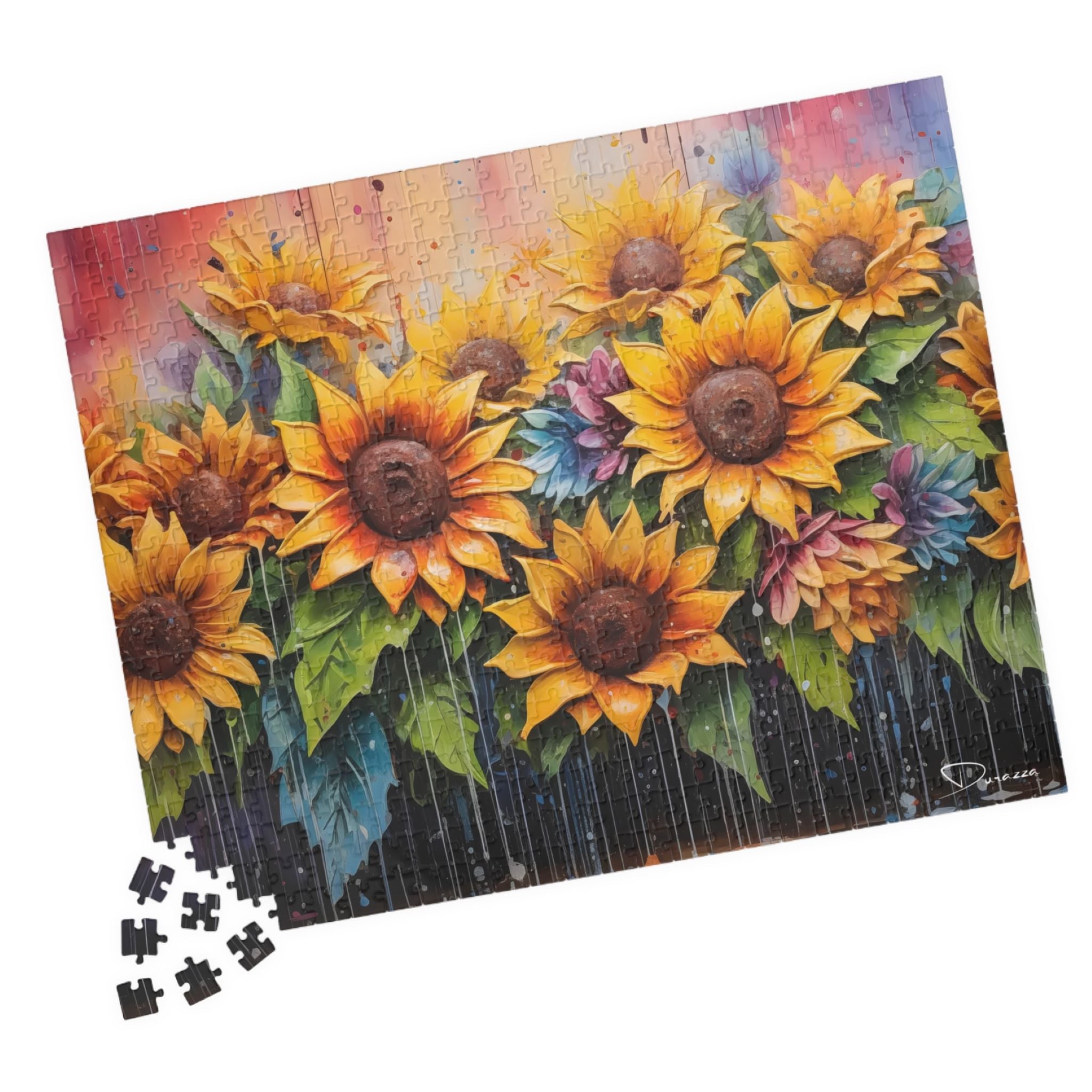 Jigsaw puzzle with sunflower design on a wooden surface