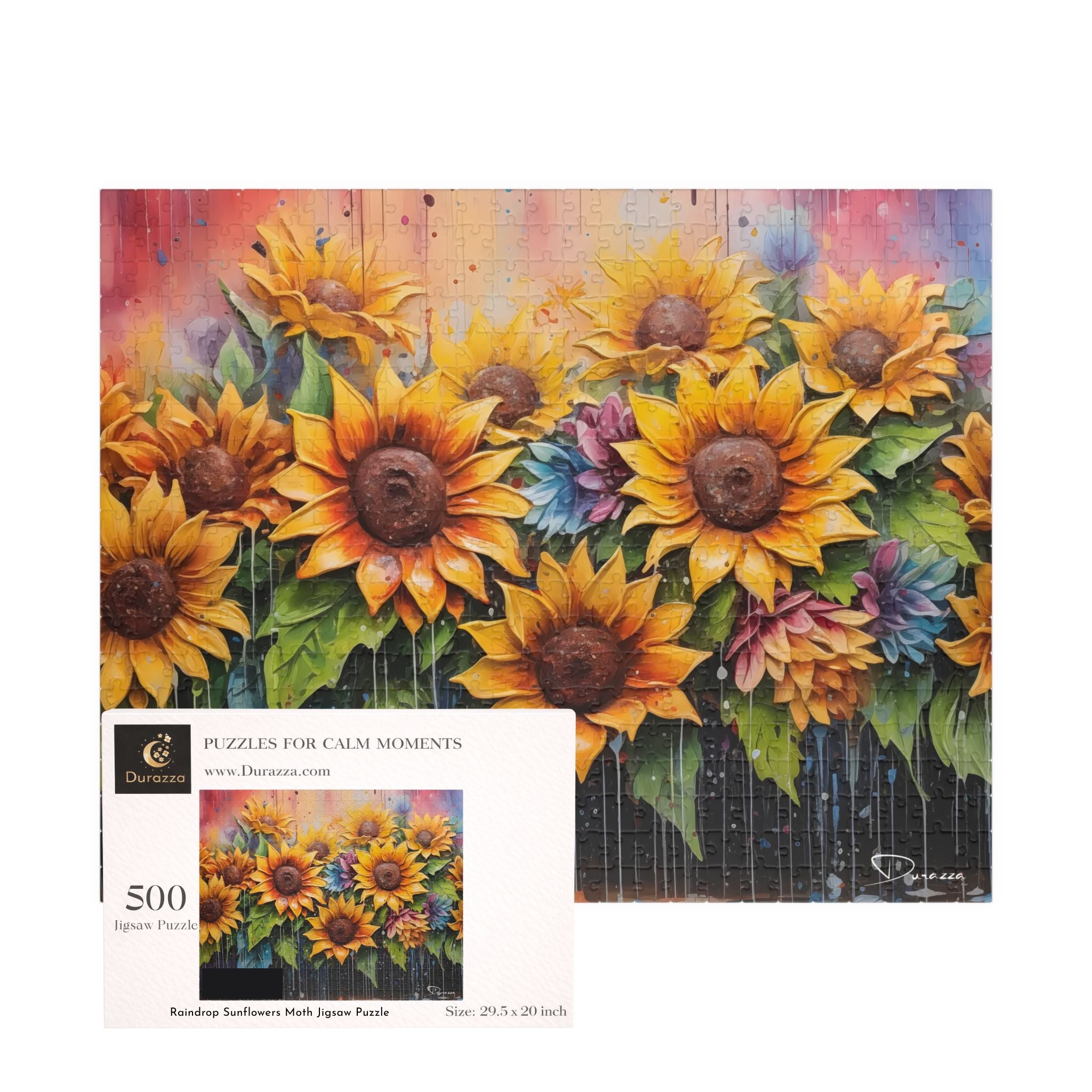 Jigsaw puzzle packaging with sunflower design and brand name Durazza on a white background