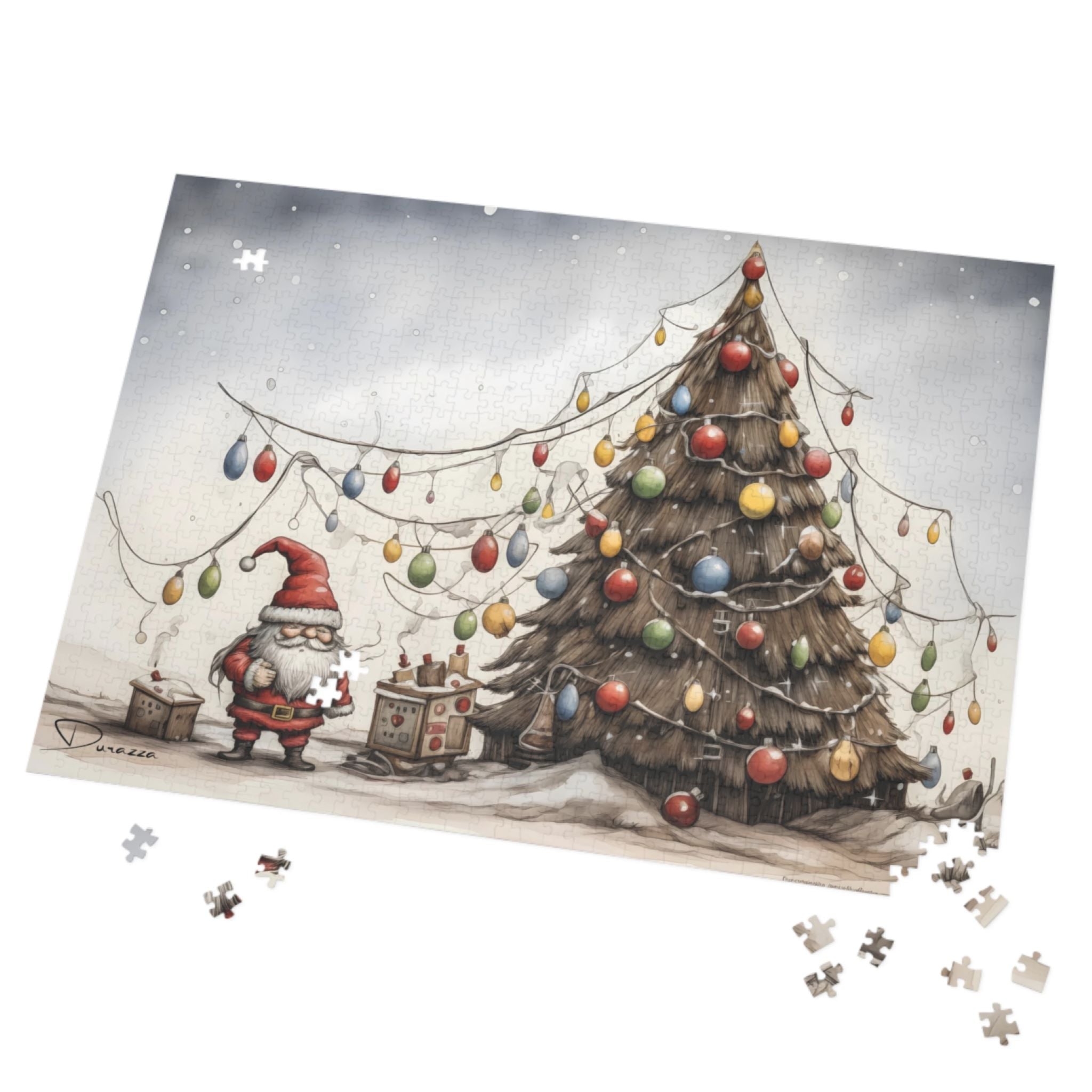 Christmas folk art themed puzzle with a Santa Claus and tree design on a white background