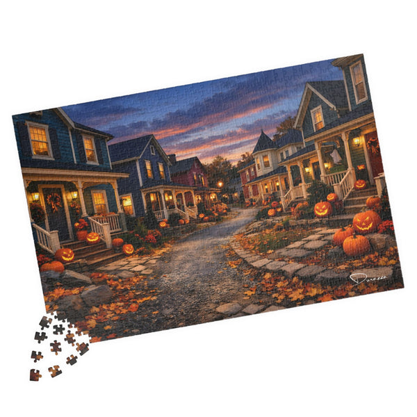 Halloween jigsaw puzzle with pumpkins and Autumn houses.