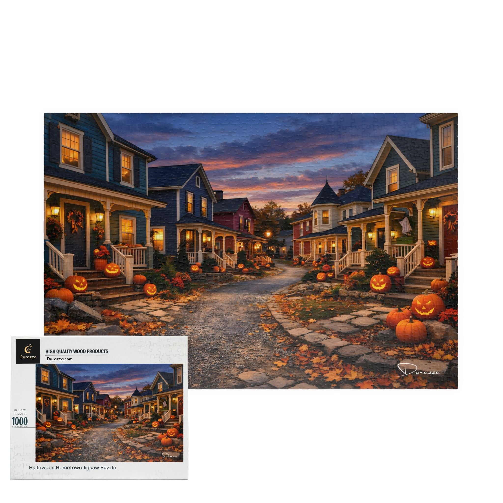 Halloween-themed puzzle with pumpkins and houses on a street at dusk, featuring a box labeled 'Halloween Hometown Spooky Puzzle'.