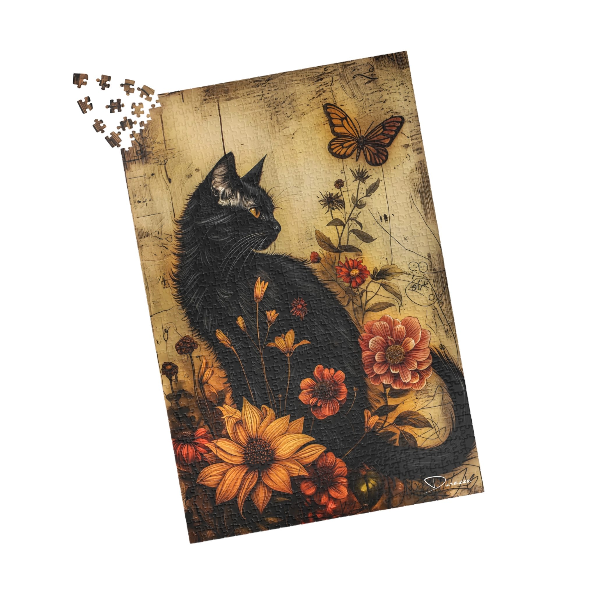 Black Cat Floral Wooden Jigsaw Puzzle – 500/1000 Feline's Flourish | Durazza