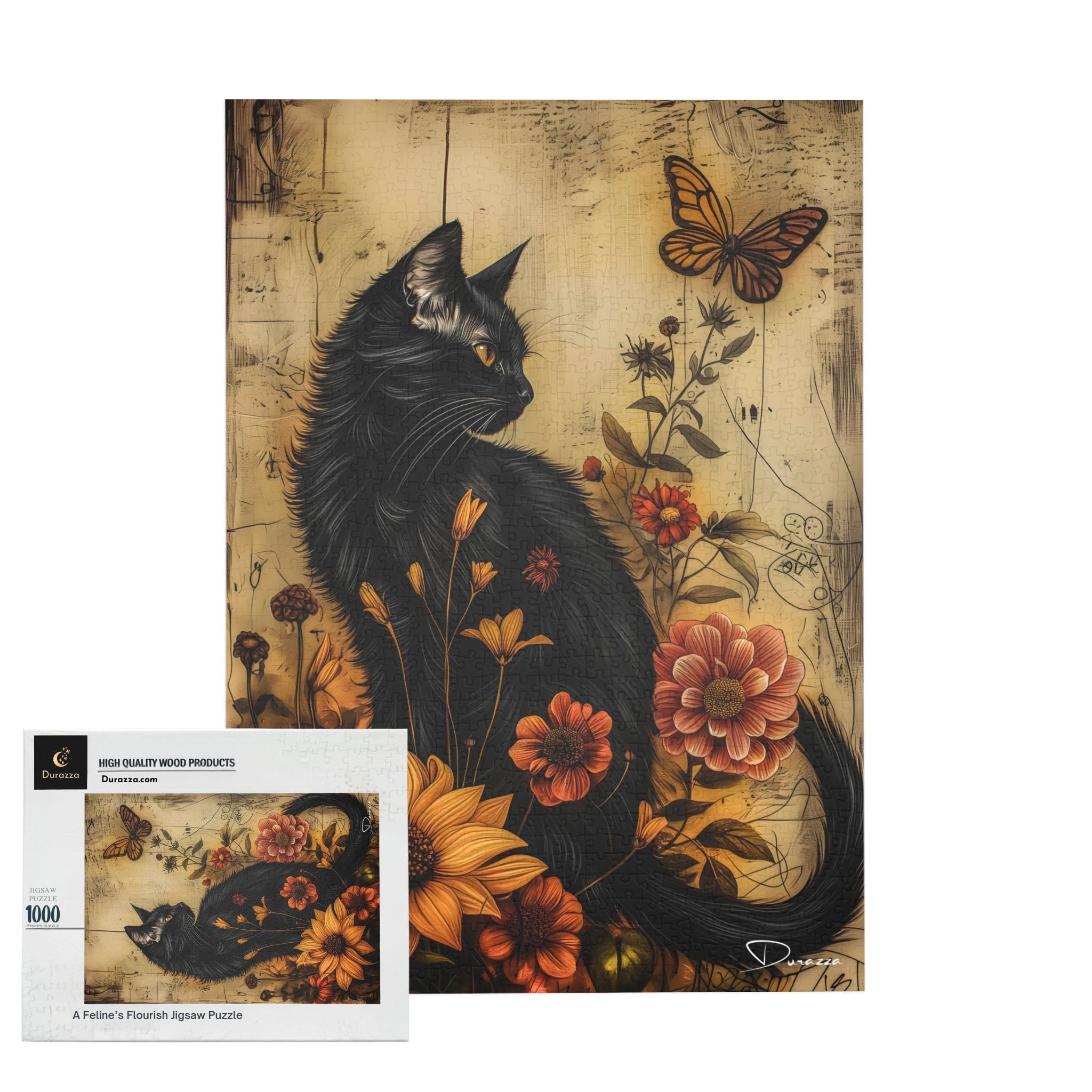 Black Cat Floral Wooden Jigsaw Puzzle – 500/1000 Feline's Flourish | Durazza