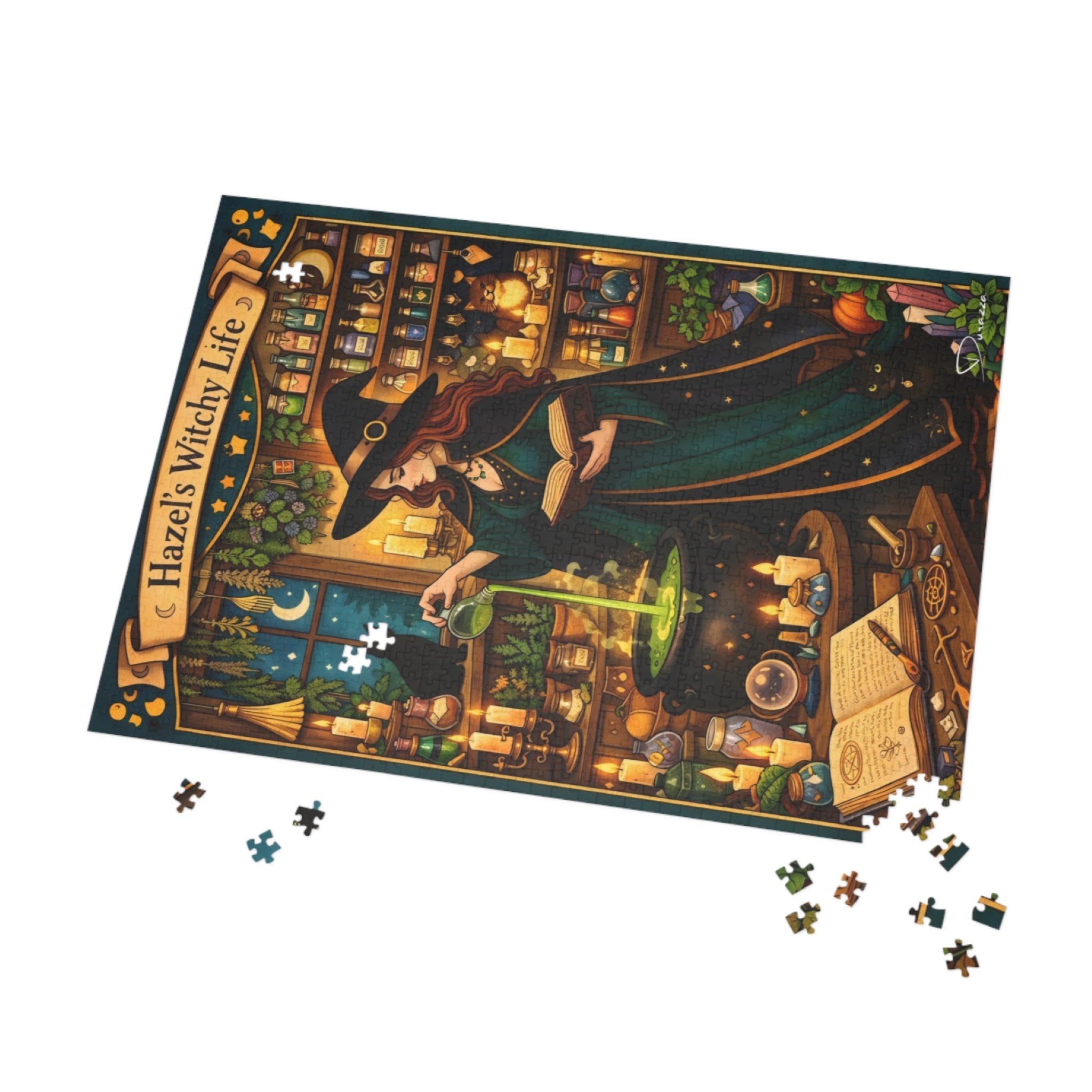 Witch-themed puzzle with pieces scattered around it.