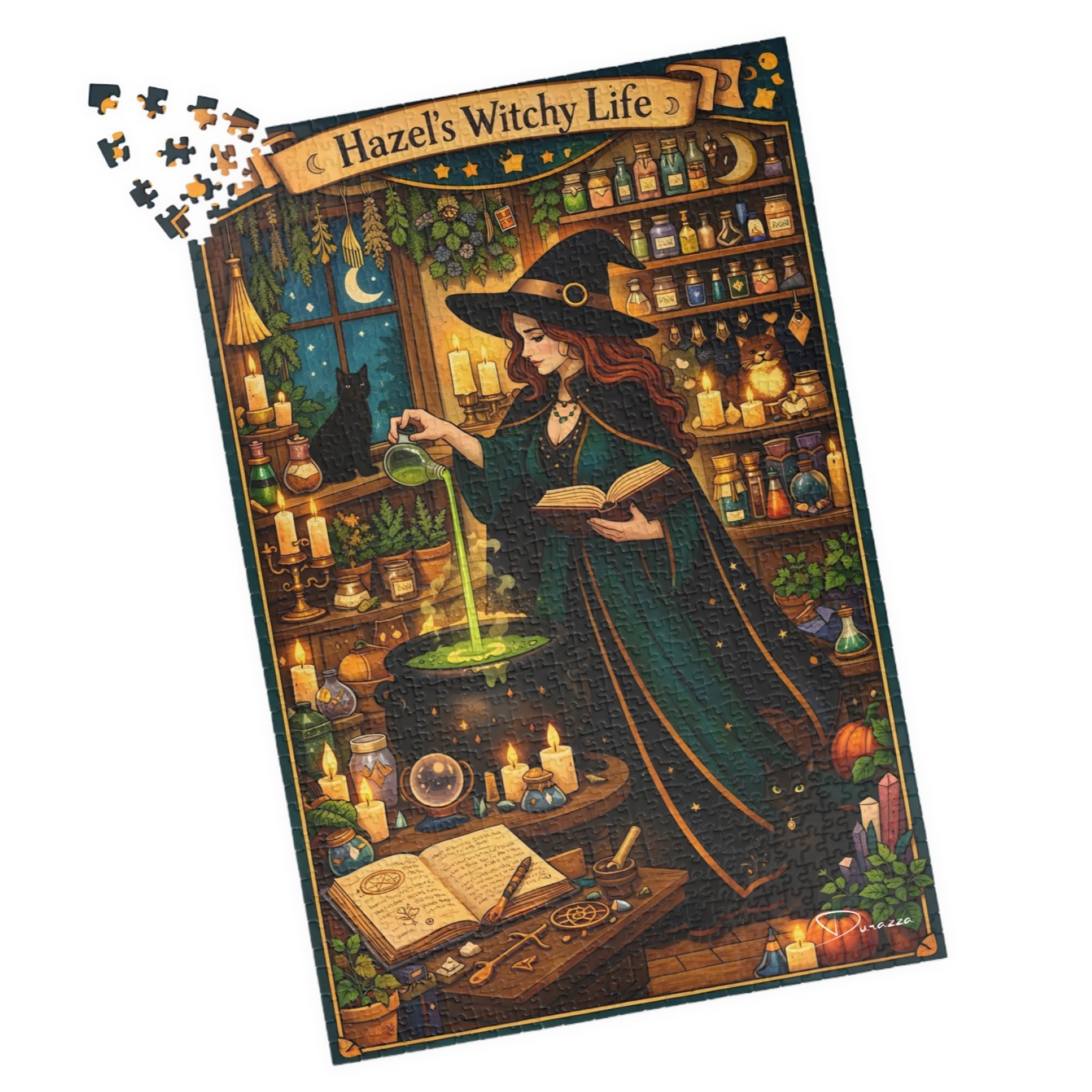Jigsaw puzzle with a witch-themed design titled 'Hazel's Witchy Life'