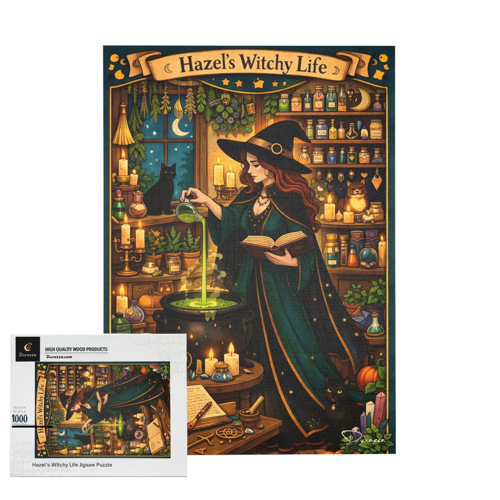 Jigsaw puzzle with Durazza packaging featuring a witch in a cozy, magical potion shop.