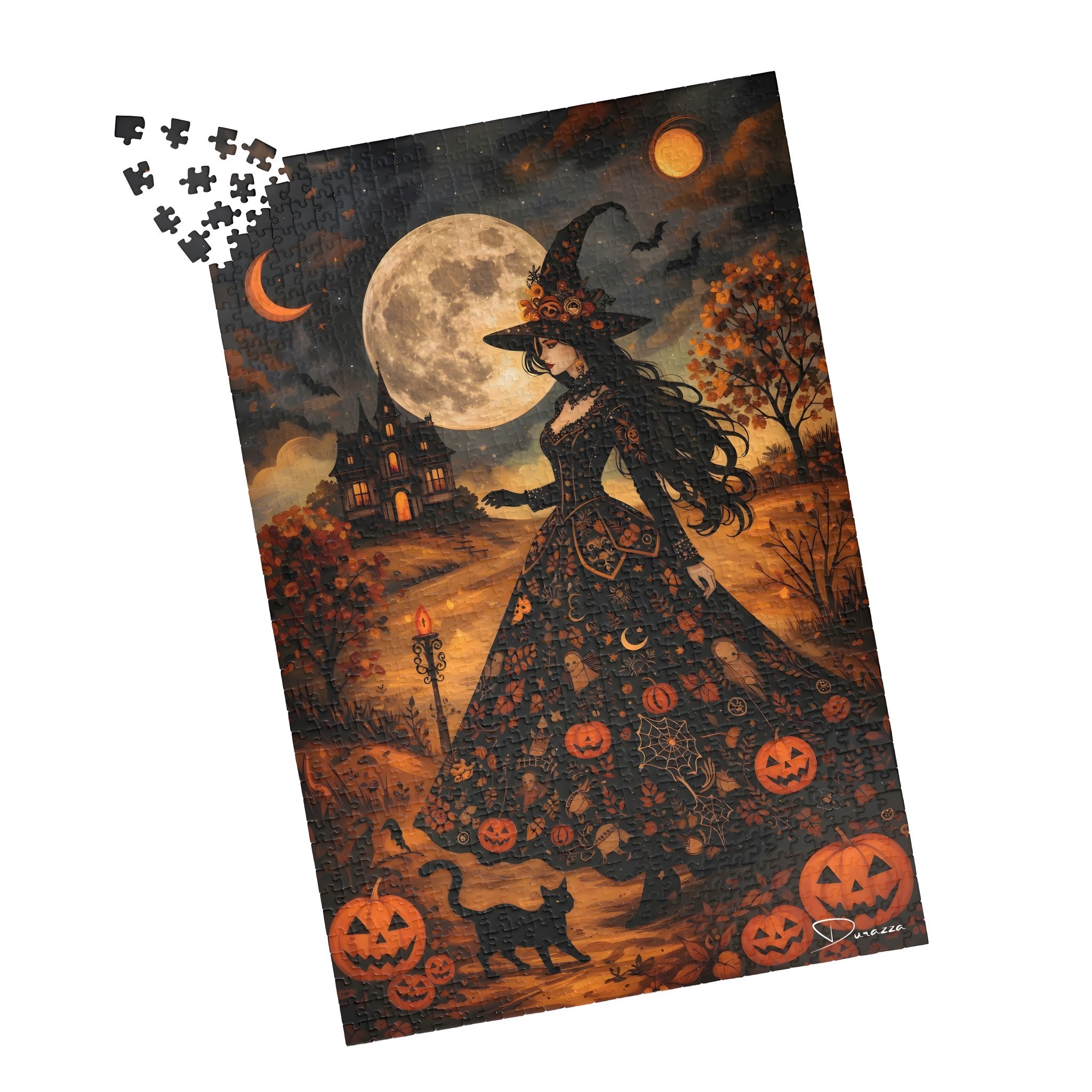 Halloween-themed puzzle with a witch and pumpkins on a full moon night