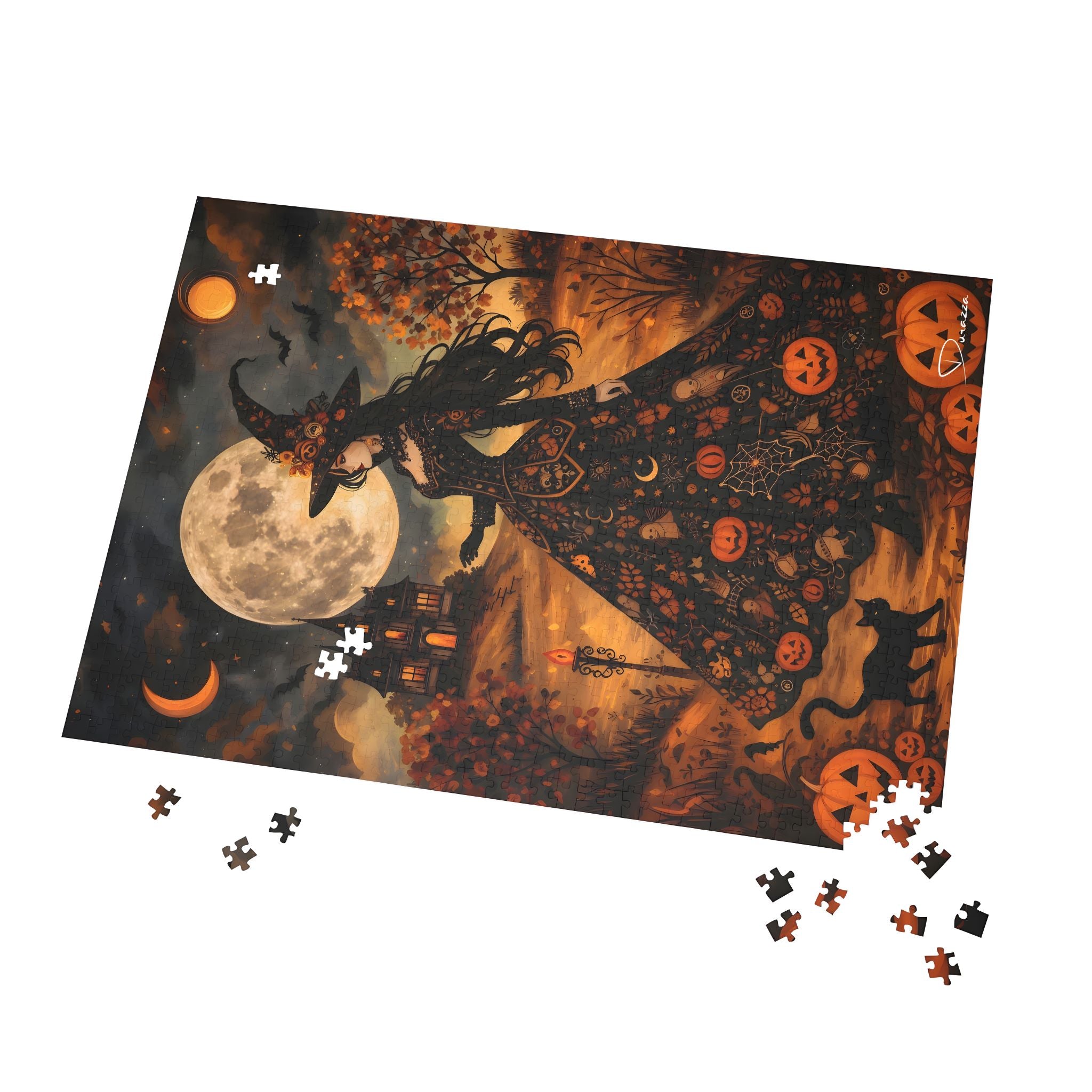 Halloween-themed 1000 piece puzzle with a witch, moon, and pumpkins.