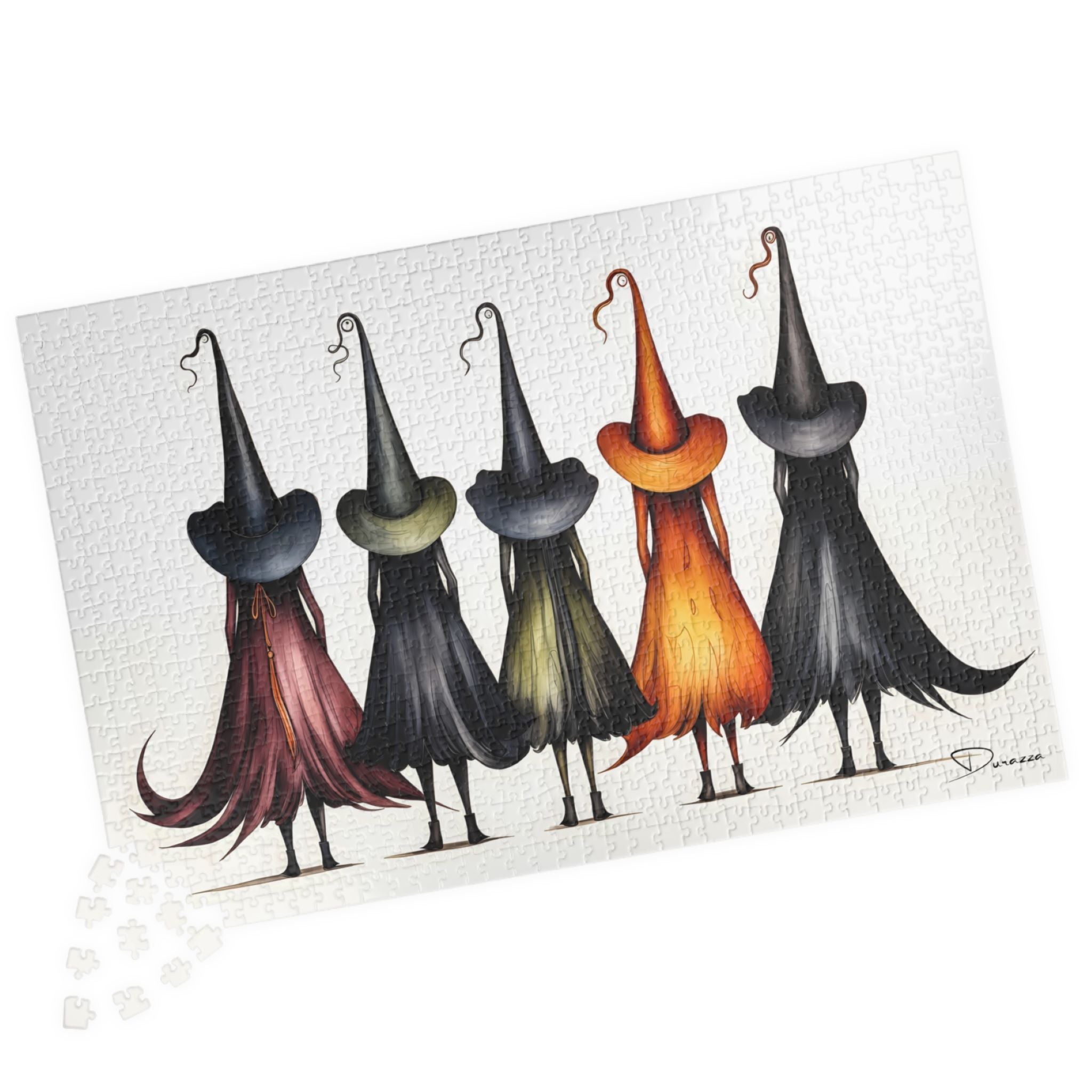 Five colorful witch silhouettes with hats on a white jigsaw puzzle.