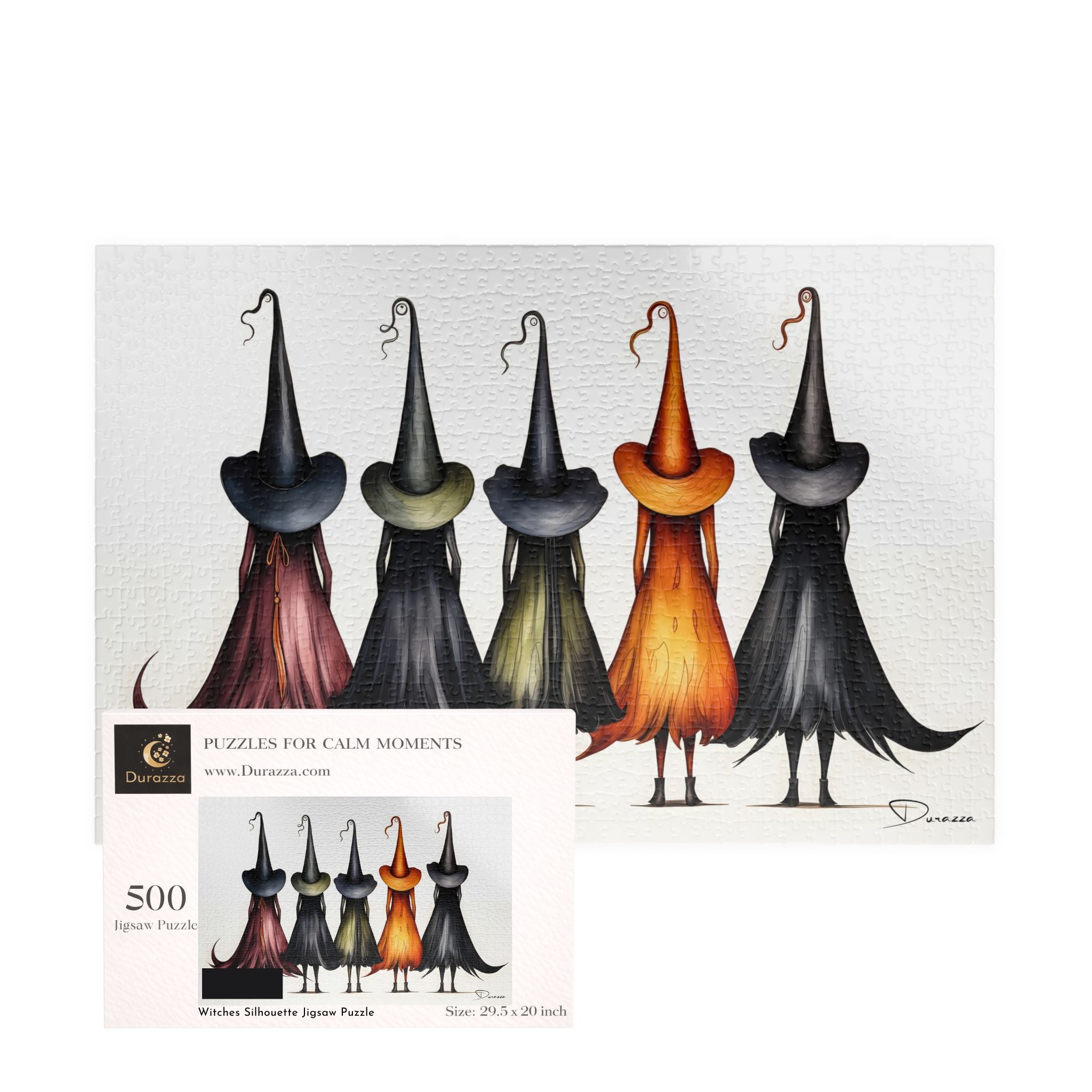 500 piece Silhouette puzzle with five witch hats with a Durazza box.