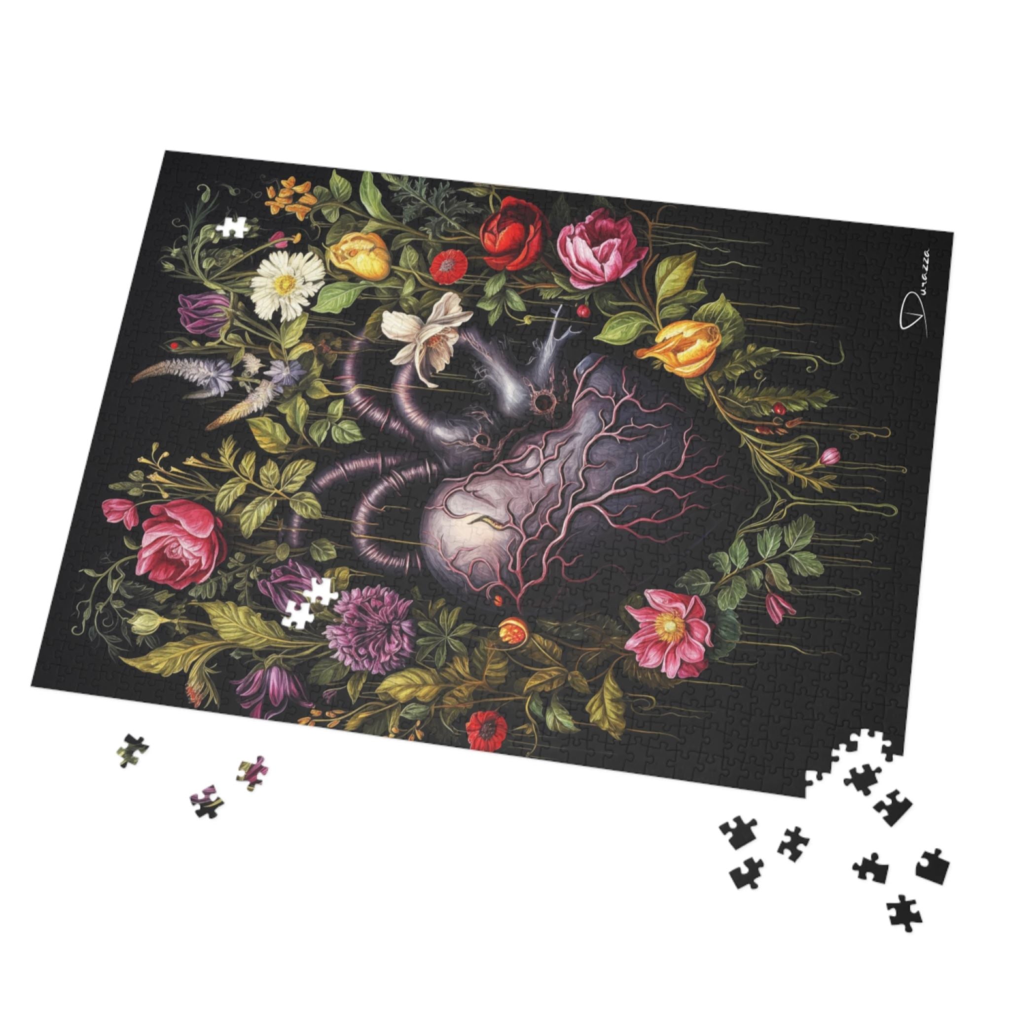 Jigsaw puzzle with a black heart and floral design on a black background