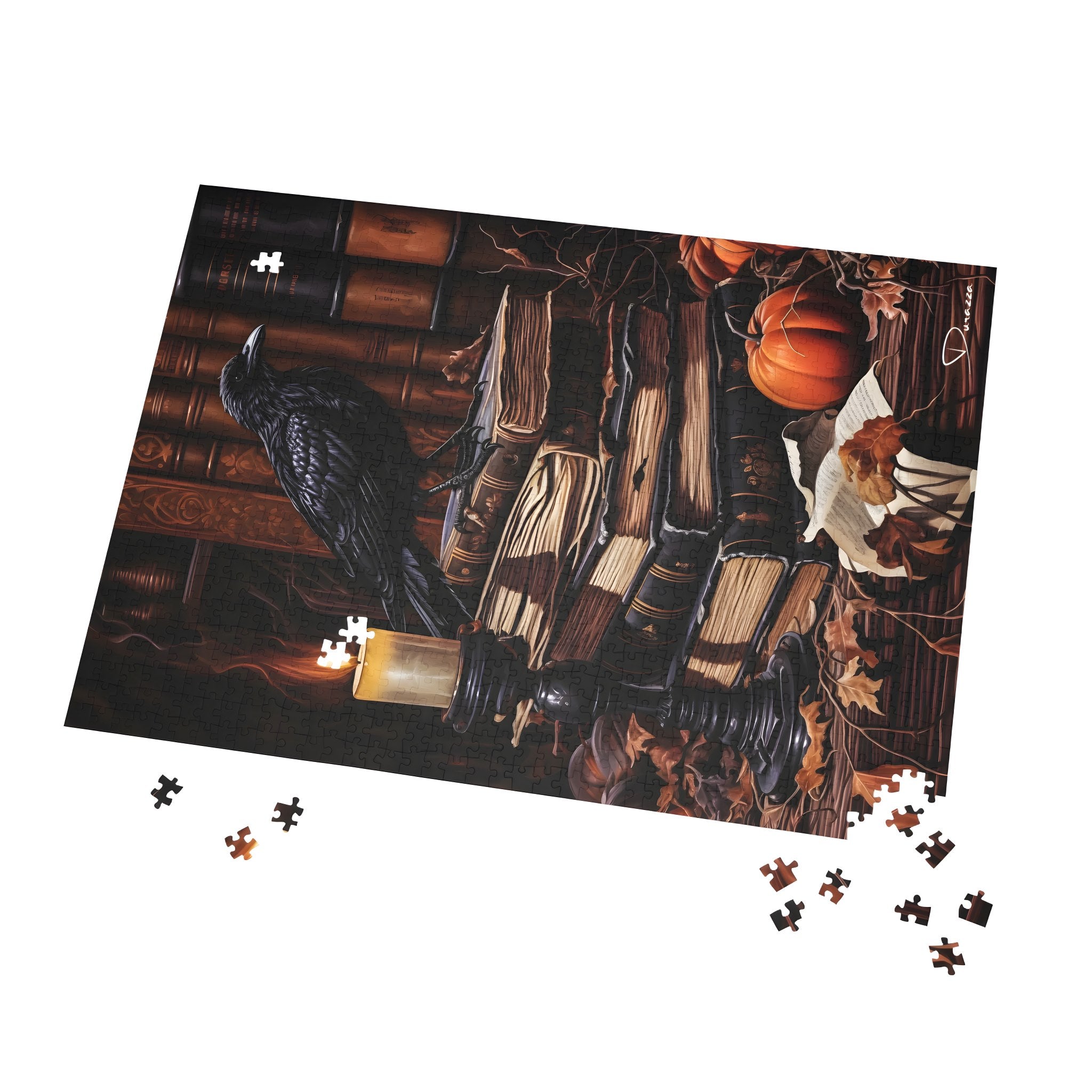 Dark academia themed puzzle with books, a candle, and a bird on a white background