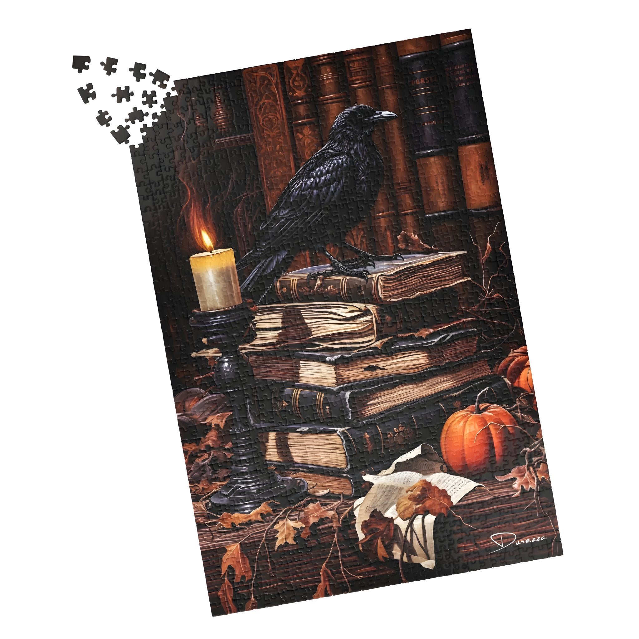 Jigsaw puzzle with a Halloween-themed design featuring a crow, books, and a pumpkin on a white background.