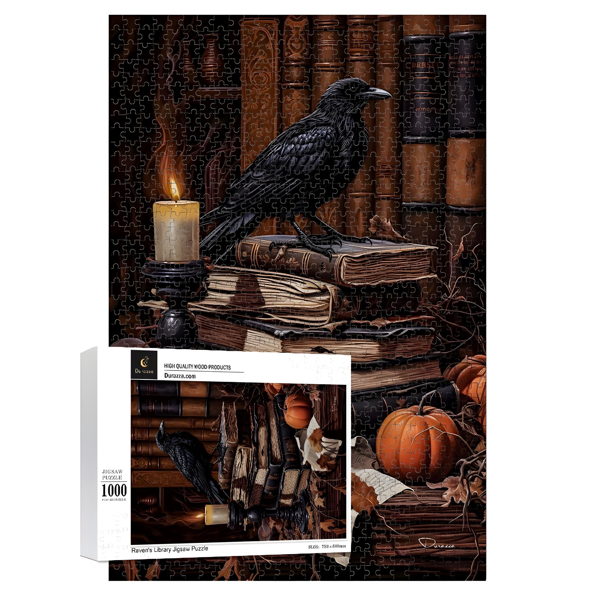 Durazza Puzzle box with a black crow, candle, and books design on a white background