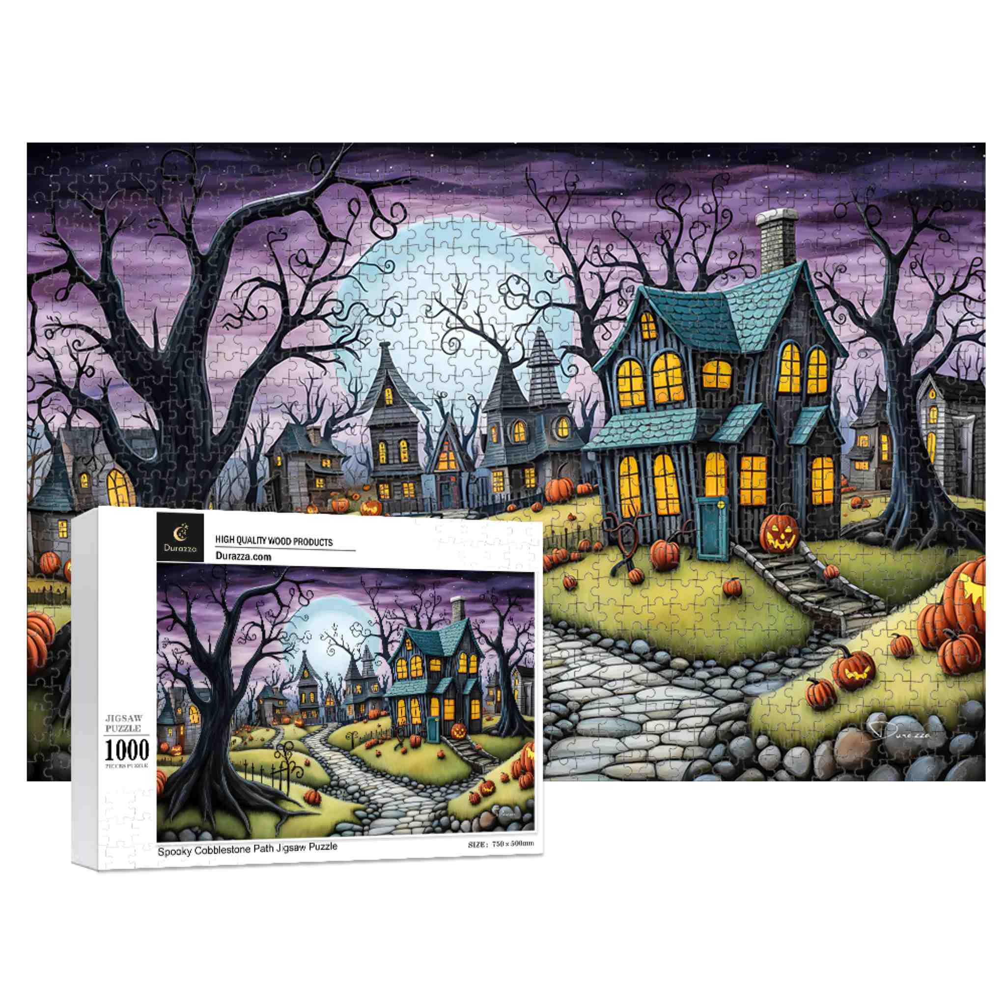 Halloween-themed puzzle with a haunted house and pumpkins, featuring a Durazza box with the same design.