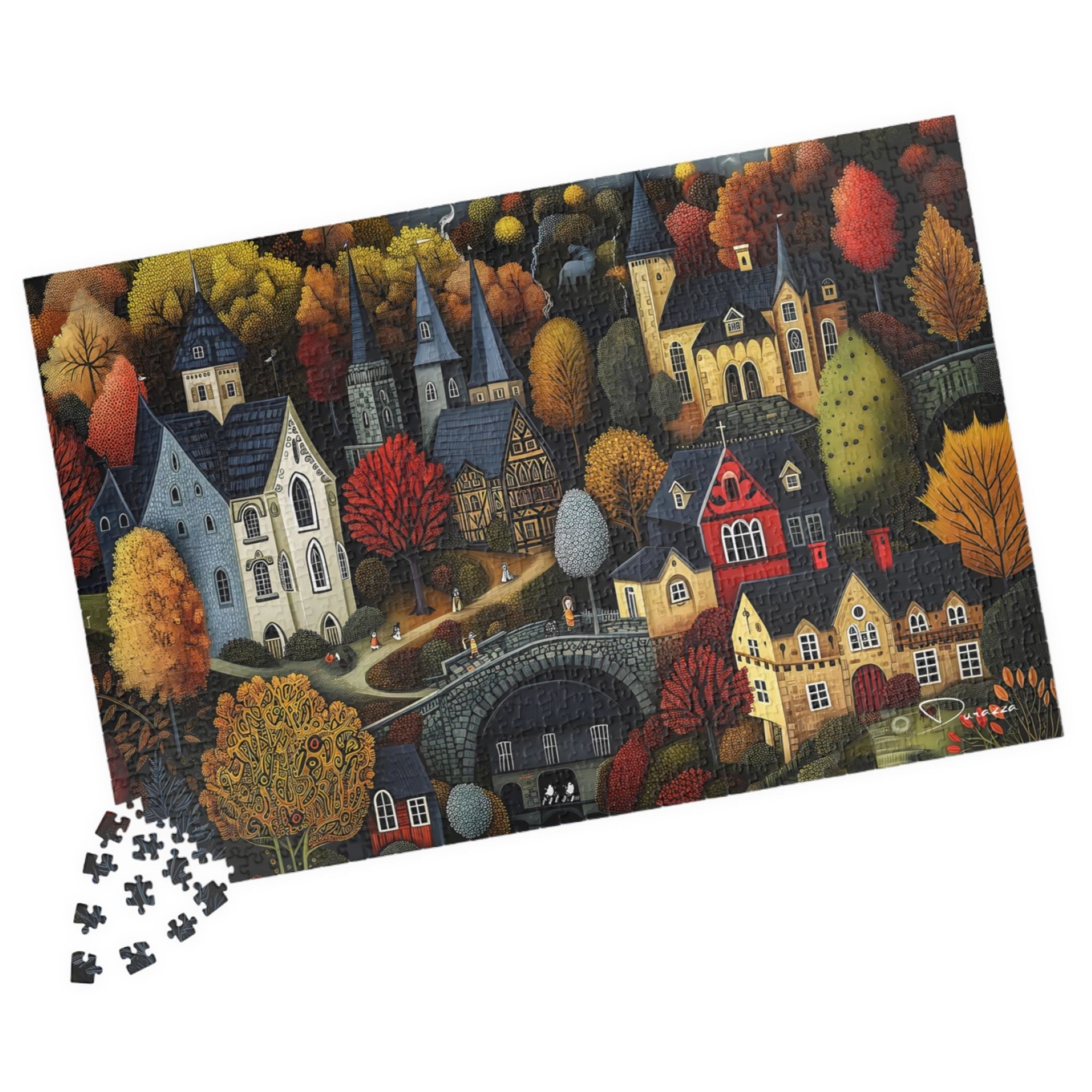 Jigsaw puzzle with a colorful Autumn village scene on a white background
