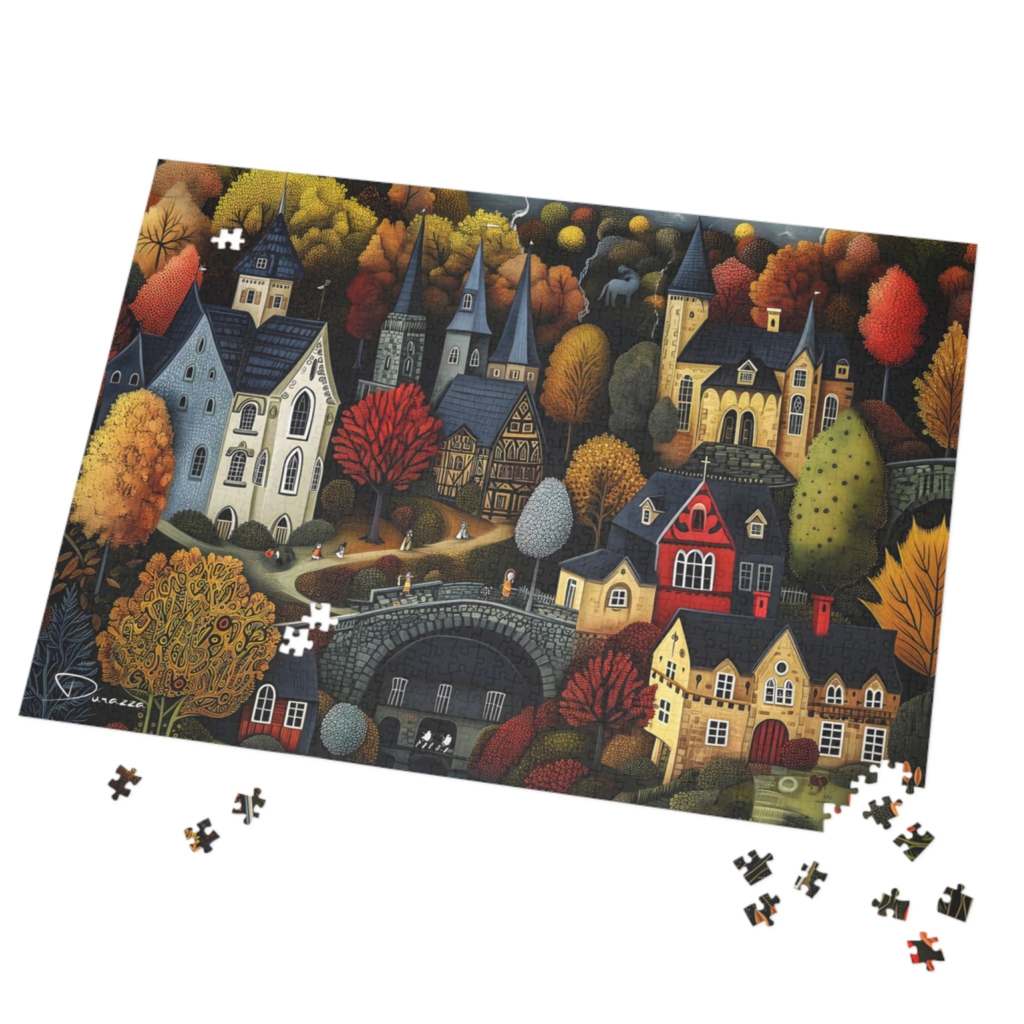 Jigsaw puzzle with a colorful New England village on a white background