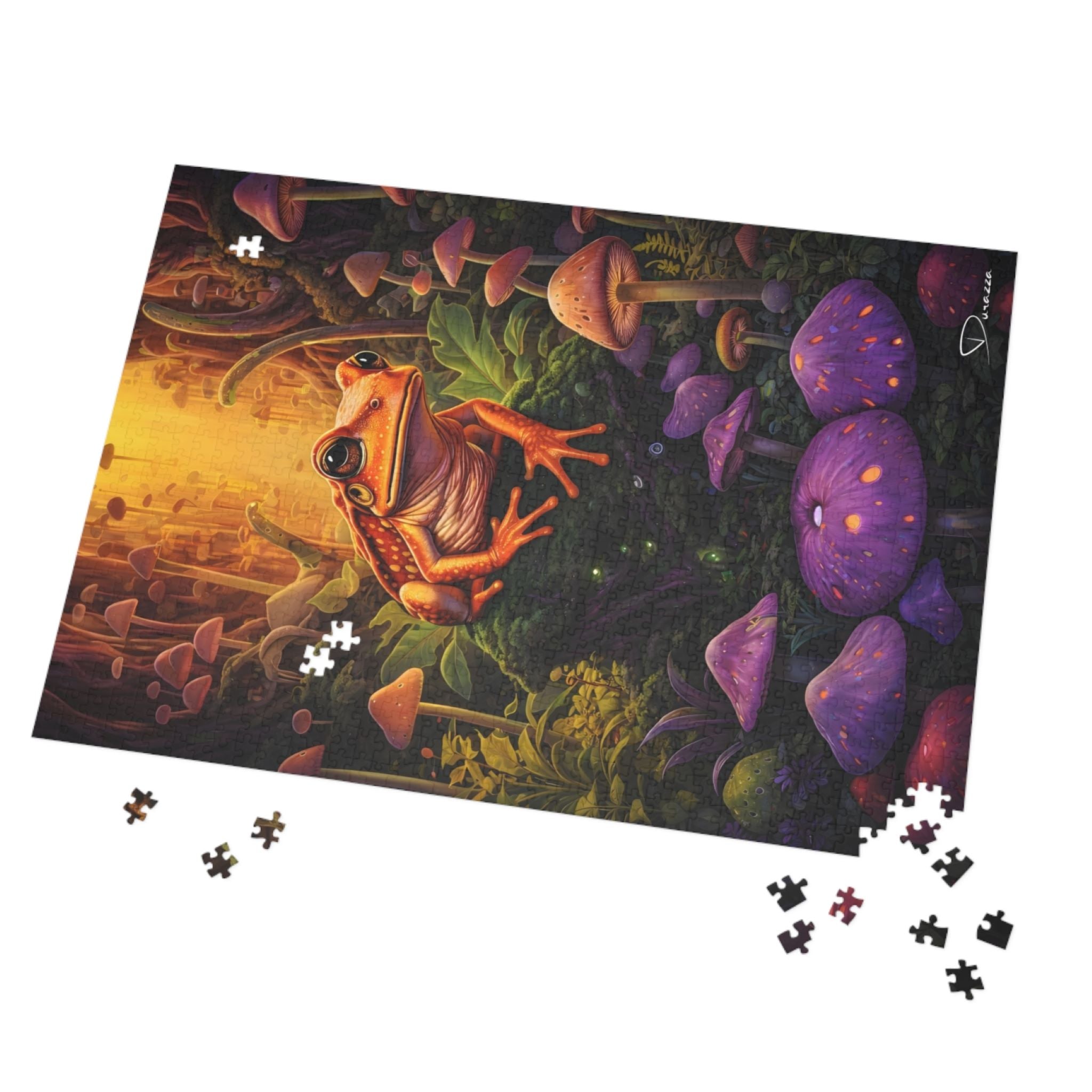 Frog and mushroom puzzle with missing pieces on a white background