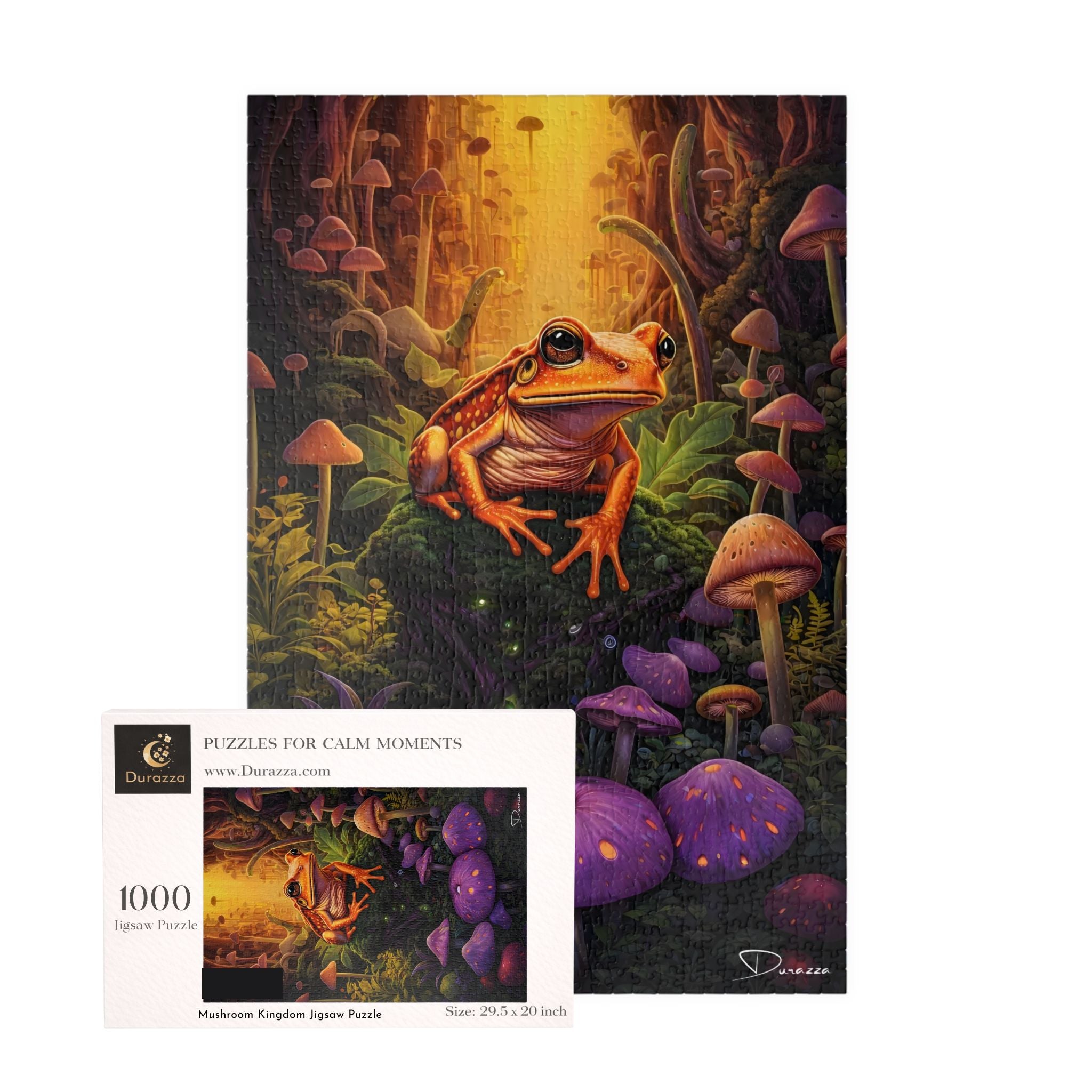 1000 piece mushroom jigsaw  puzzle with Durazza packaging featuring a frog in a forest setting