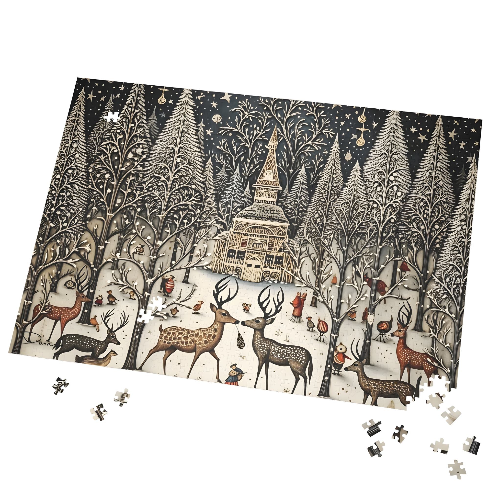 Jigsaw puzzle with a forest scene featuring deer and a castle, partially completed.