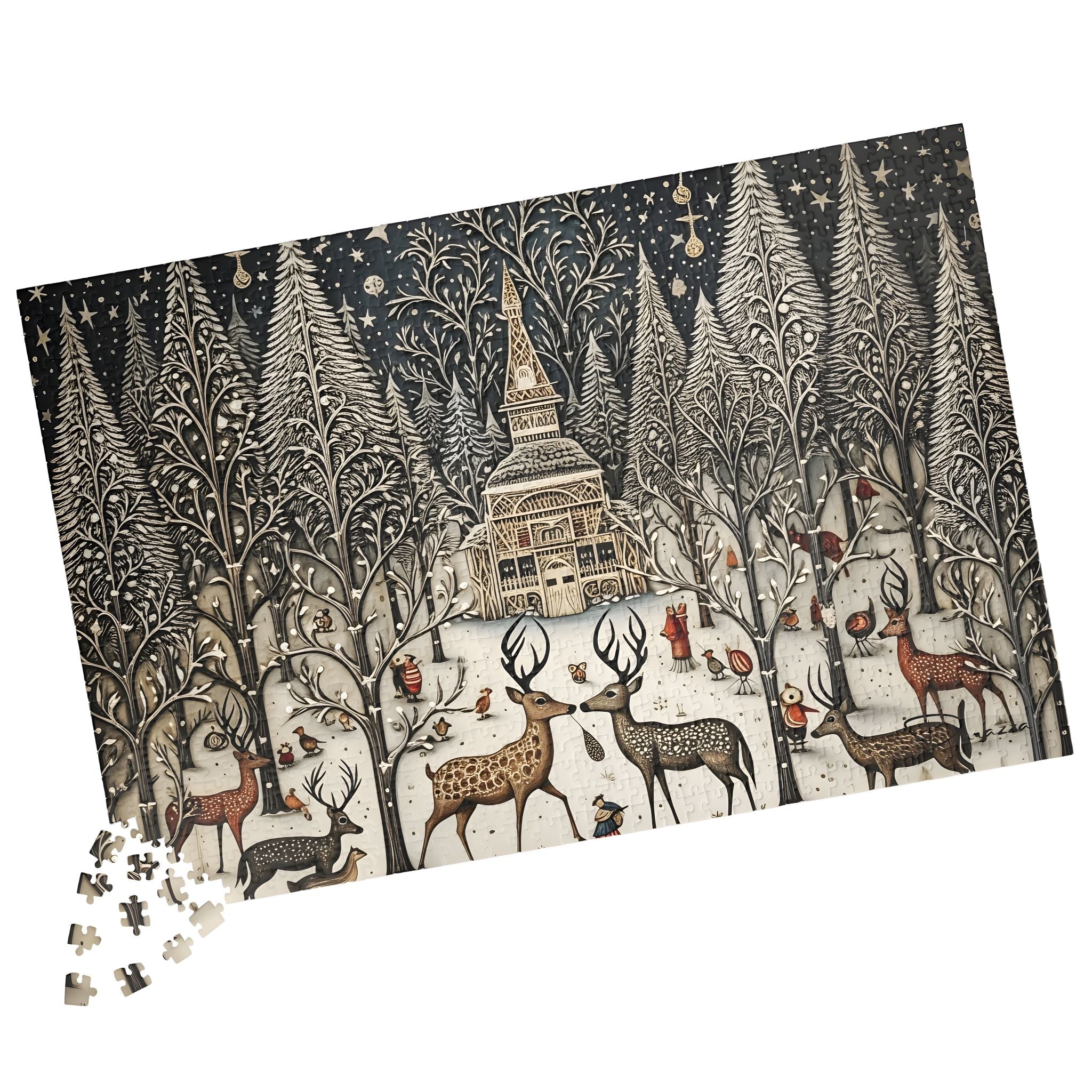 Jigsaw puzzle with a winter forest scene featuring deer and a church.